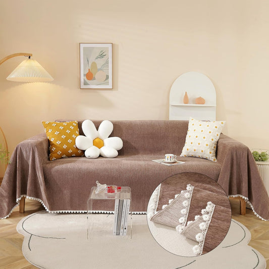 HANDONTIME Brown Sofa Covers Simple Couch Cover for Pet White Floral Couch Cushion Covers for L Shape Chocolate Sofa Throw Cover Sectional Couch Covers for Living Room Machine Washable, 71" X150"