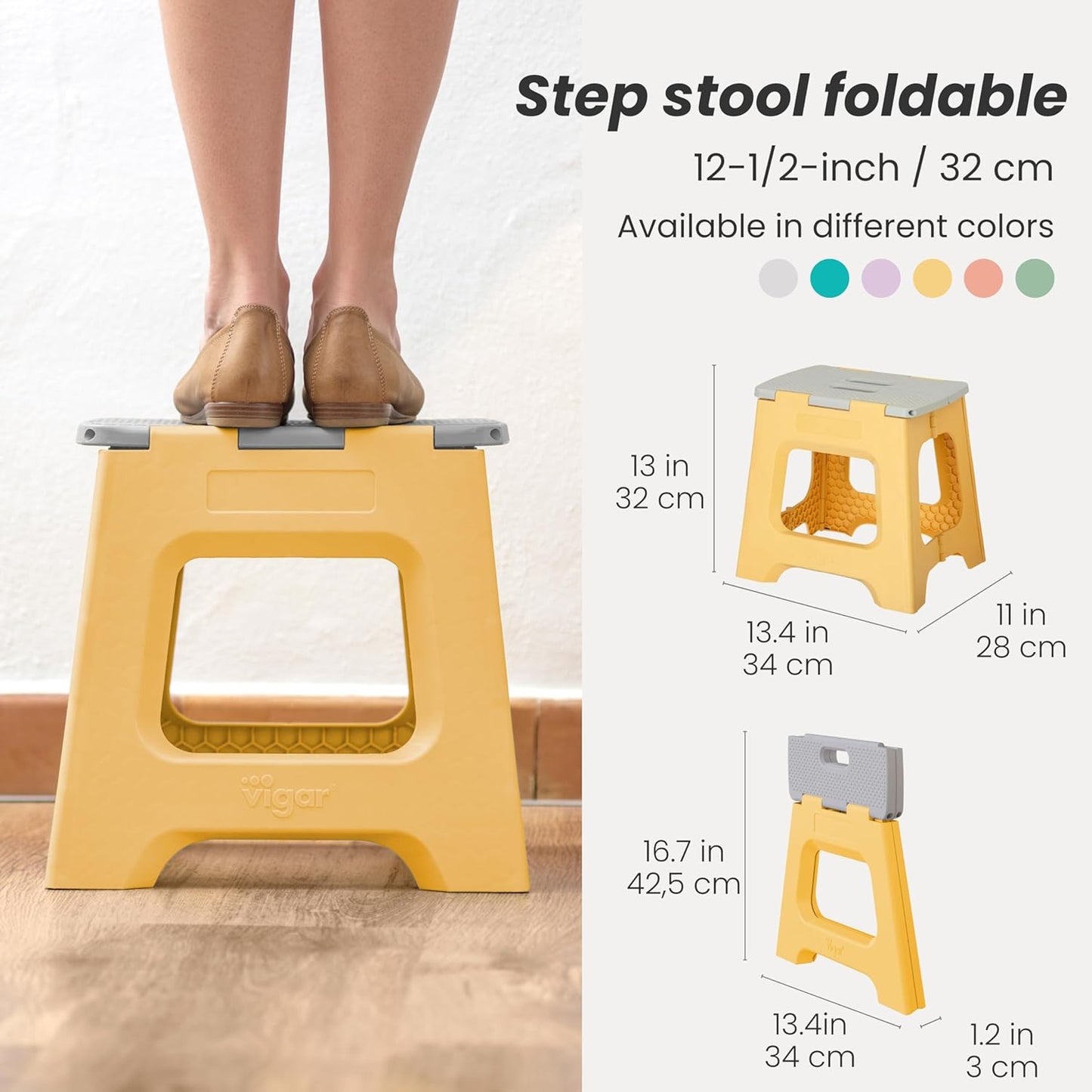 Vigar Compact Step Stool Foldable, 12-1/2-inch Step Stools for Adults up to 330 Pound, Lightweight Stool, Non-Slip Folding Step Stool, Spring Yellow