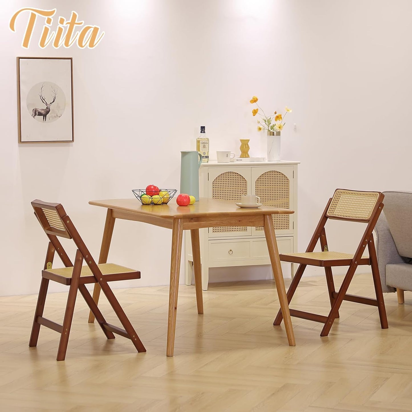 Tiita Rattan Dining Chairs Set of 2, Mid Century Modern Folding Chair, Bamboo Folding Dining Chairs for Small Space, Dining Room, Living Room, Bedroom, Walnut