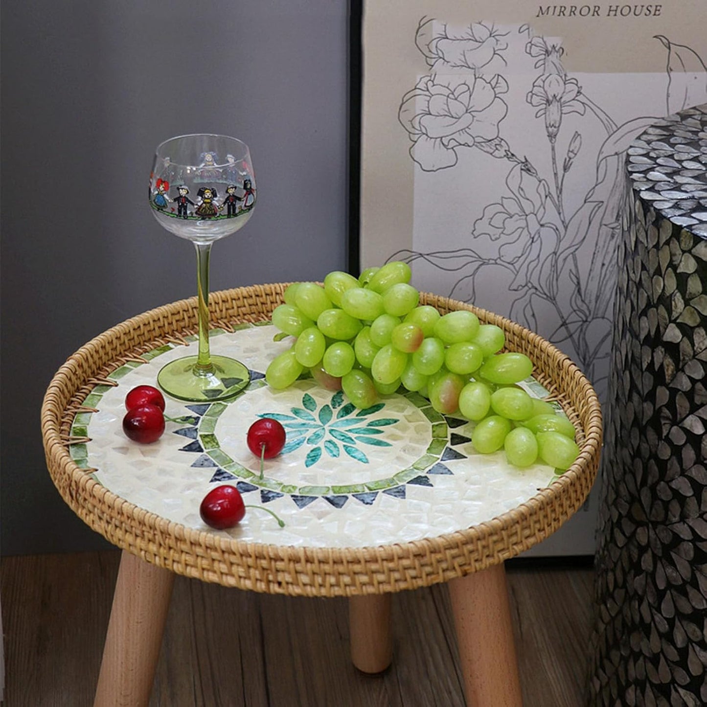 Rattan Round Side Table, Handmade Rattan Tray with 3 Legs, Mother of Pearls Inlay Coffee/Accent Table, Round End/Side Tables for Living Room, Bedrooms, Pedestal Plant Stand for Balcony