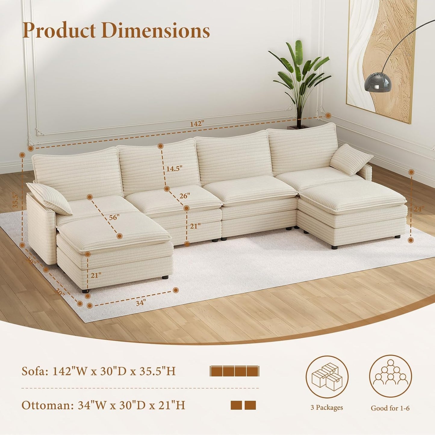 Vesgantti 142" U Shaped Sectional Couch, Comfy Cloud Modular Sectional Sofa with 2 Ottoman Deep Seat Corduroy Modern Cloud Sofa, Modular Sofas for Living Room, Bedroom and Apartment, Beige