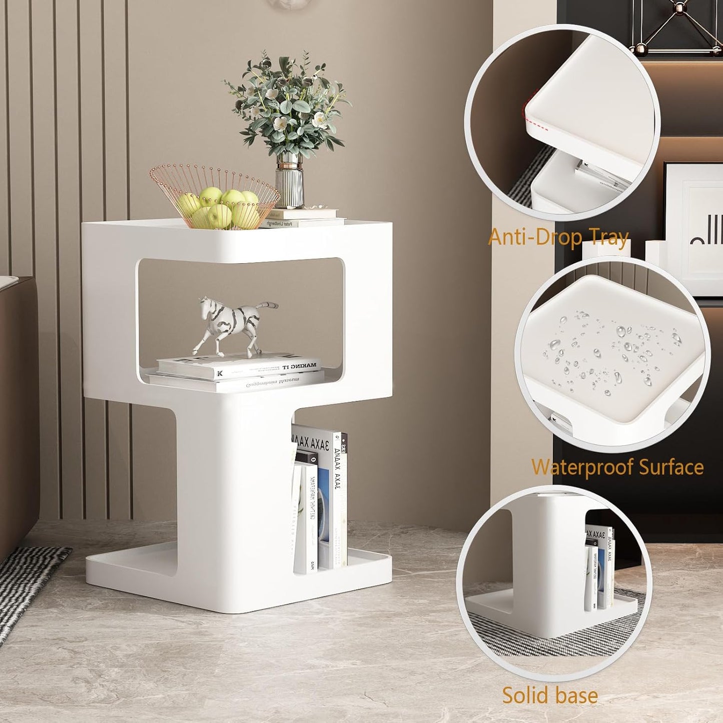 White Side Table, Modern Nightstand Metal End Table for Living Room Bedroom,Square Bedside Table-3 Tier Storage,Not Assemble Required