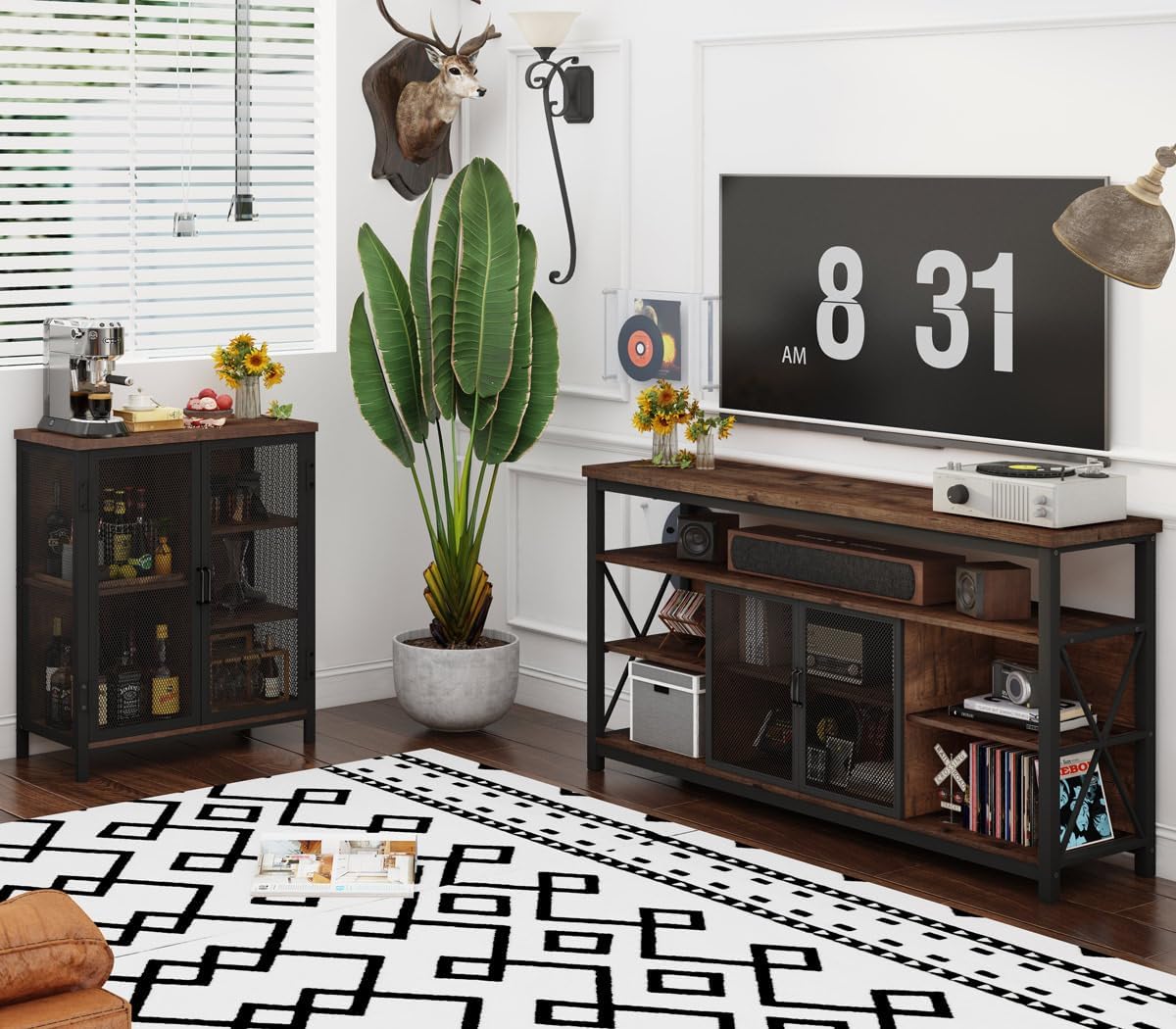 BON AUGURE Coffee Bar Cabinet for Liquor, Small Storage Cabinet for Home Kitchen, Farmhouse Sideboard Buffet Cabinets, Industrial Alcohol Cabinets for Dining Entryway Living Room (Rustic Oak)