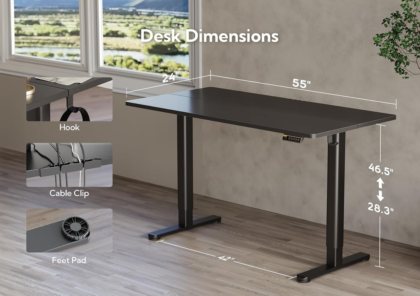 Claiks Electric Standing Desk, Adjustable Height Stand up Desk, 55x24 Inches Sit Stand Home Office Desk with Splice Board, Black Frame/Black Top