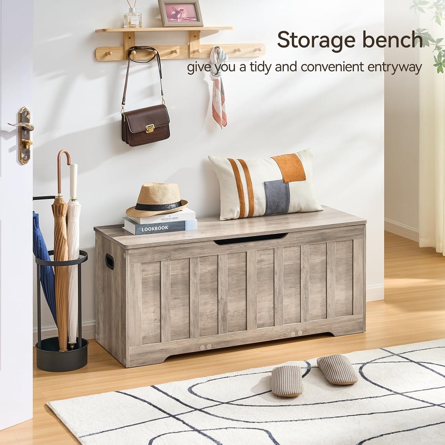 43.3" Storage Chest Extra Large,Storage Trunk with 2 Safety Hinges,Wooden Storage Bench,Shoe Bench,43.3x15.7x19.1 Inch,Easy Assembly,Storage Bench for Bedroom,Living Room,entryway(Greige).