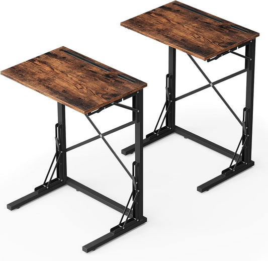 21''Wx28''H Folding TV Tray Set of 2, Small Foldable C-Shaped Tray Table for Eating with Tablet and Phone Slots, Slide Under Couch Side Table for Recliner, Living Room, Bedroom, Rustic Brown