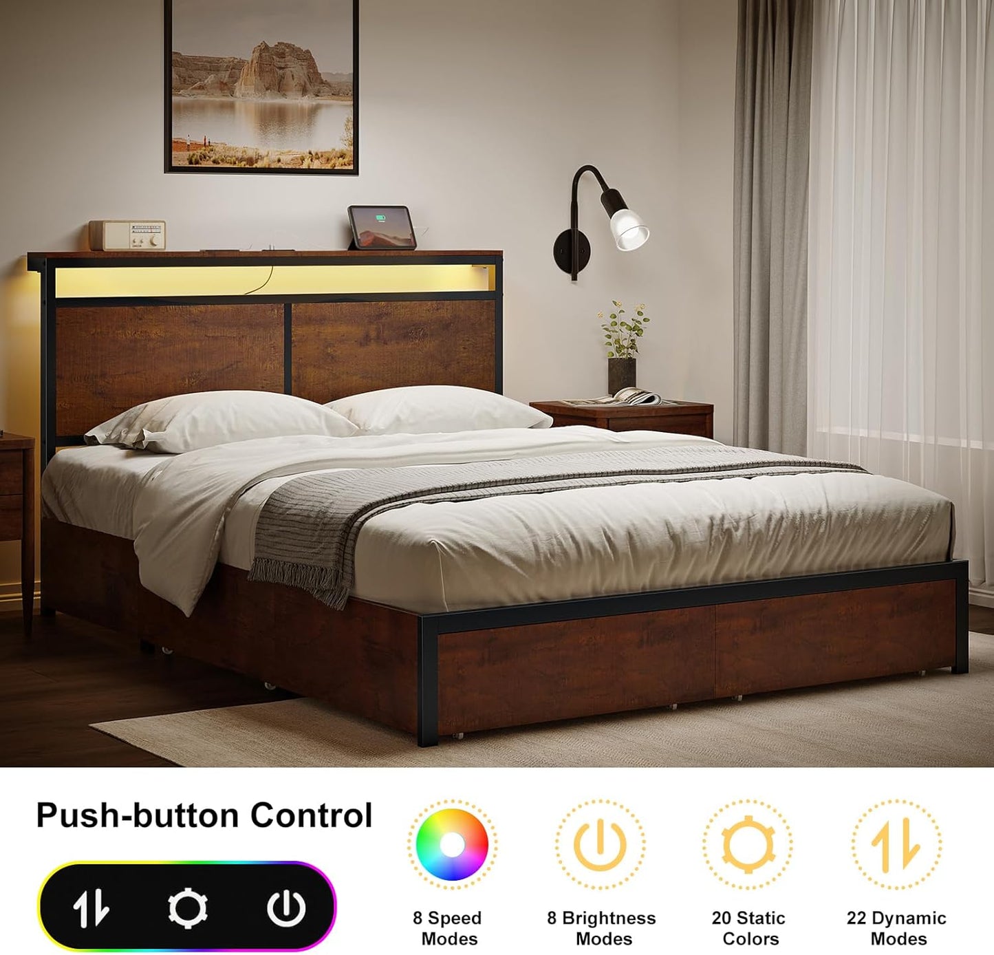 Full Bed Frame with Storage Headboard and 4 Drawers Bed Frame Full Size with Charging Station LED Lights Metal Platform Non-Slip Without Noise No Box Spring Needed