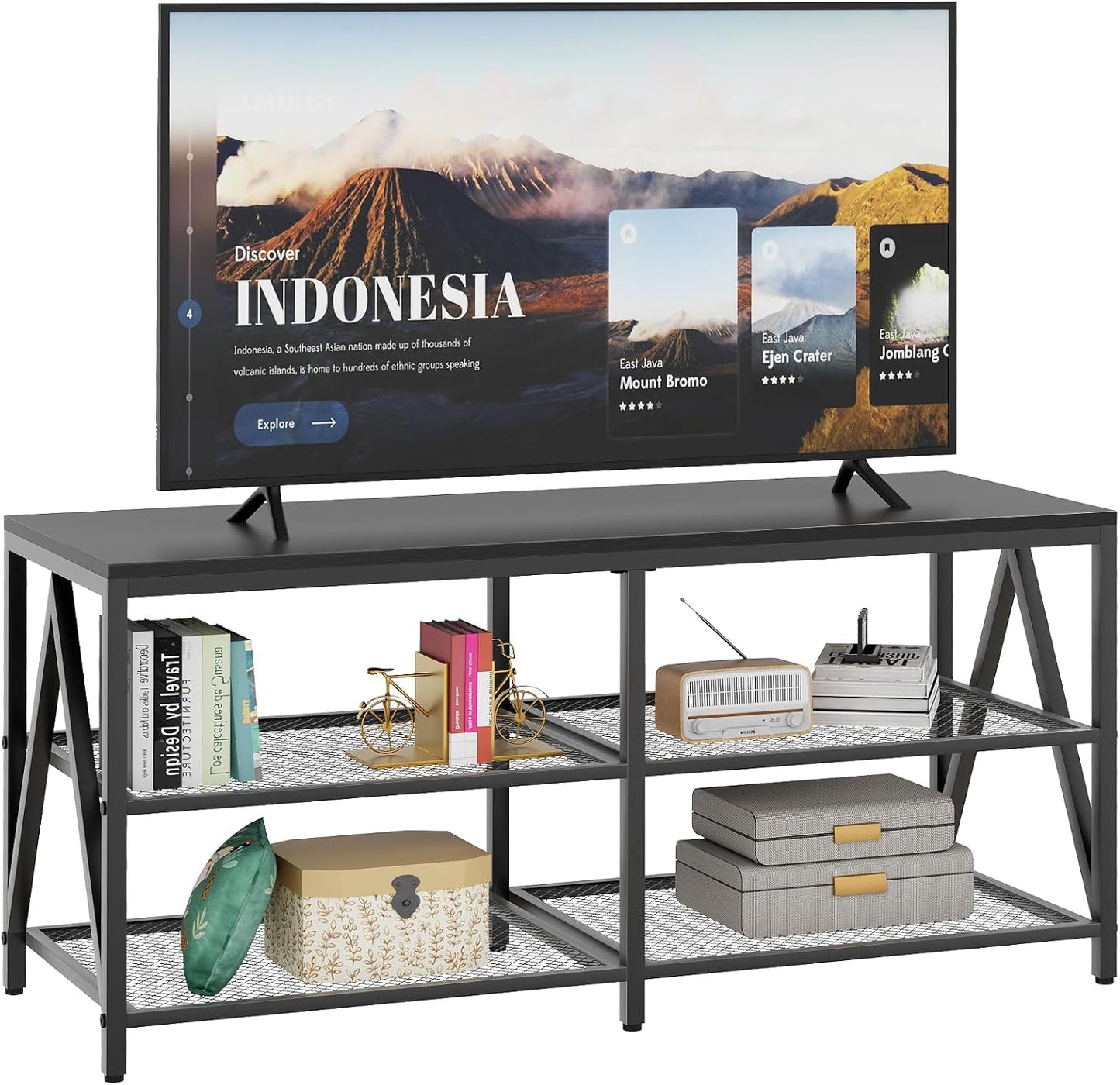 TV Stand for TVs up to 60 Inch, 43" Long Industrial TV Console Table with 3-Tier Storage Shelves, Entertainment Center for Living Room, Bedroom (Black)