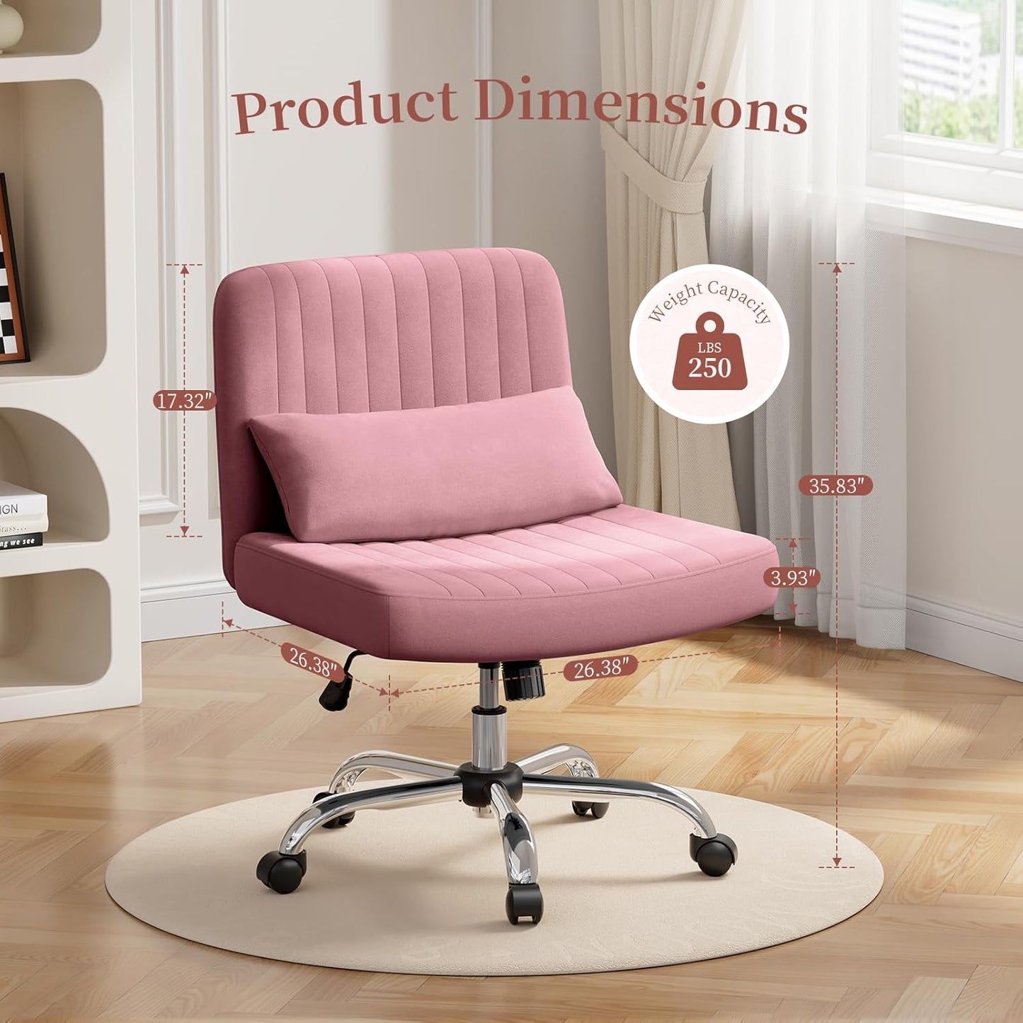 Warmiehomy Criss Cross Office Chair with Wheels, Velvet Cross-Legged Desk Chairs for Home, Height Adjustable Swivel Wide Seat Computer Chair, Modern Armless Vanity Chair for Girls Women, Rose Pink