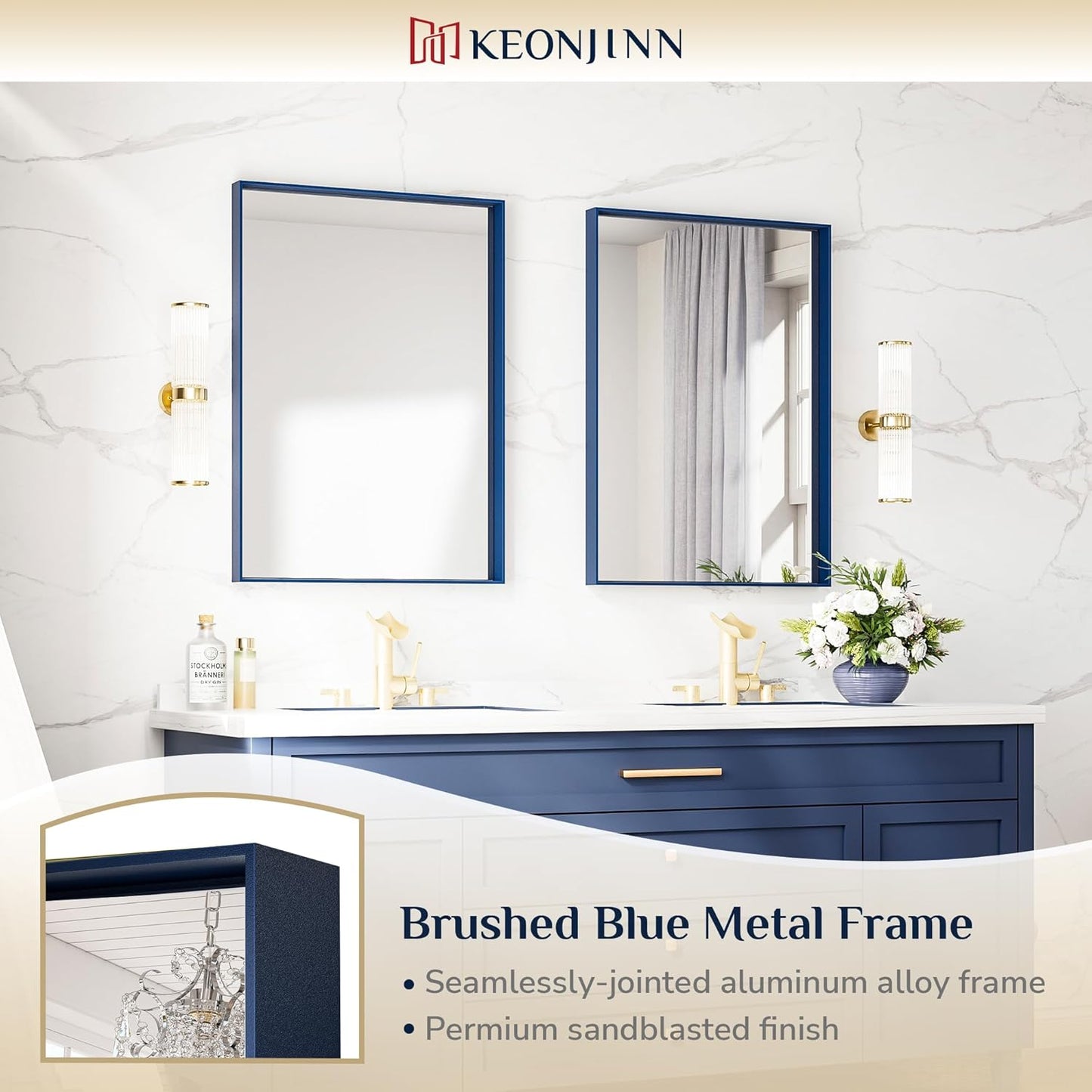 Keonjinn Blue Bathroom Mirror 22 x 30 in, Metal Framed Rectangular Wall Mirror, Square Corner, Modern Farmhouse, Rectangle Navy Blue Mirrors for Bathroom Sink(Horizontal/Vertical)