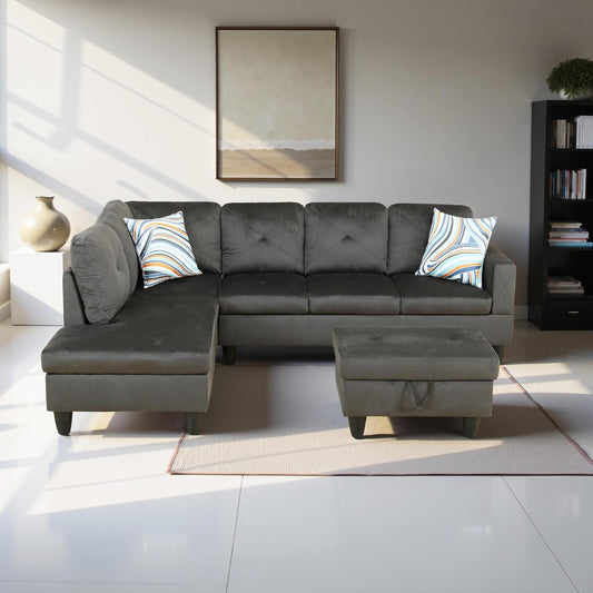 L Shaped Couch Modern Sectional Couch Upholstered Flannel Fabric 3 Pieces Sofas for Living Room with Chaise, Storage Ottoman for Office and Small Apartment, Grey