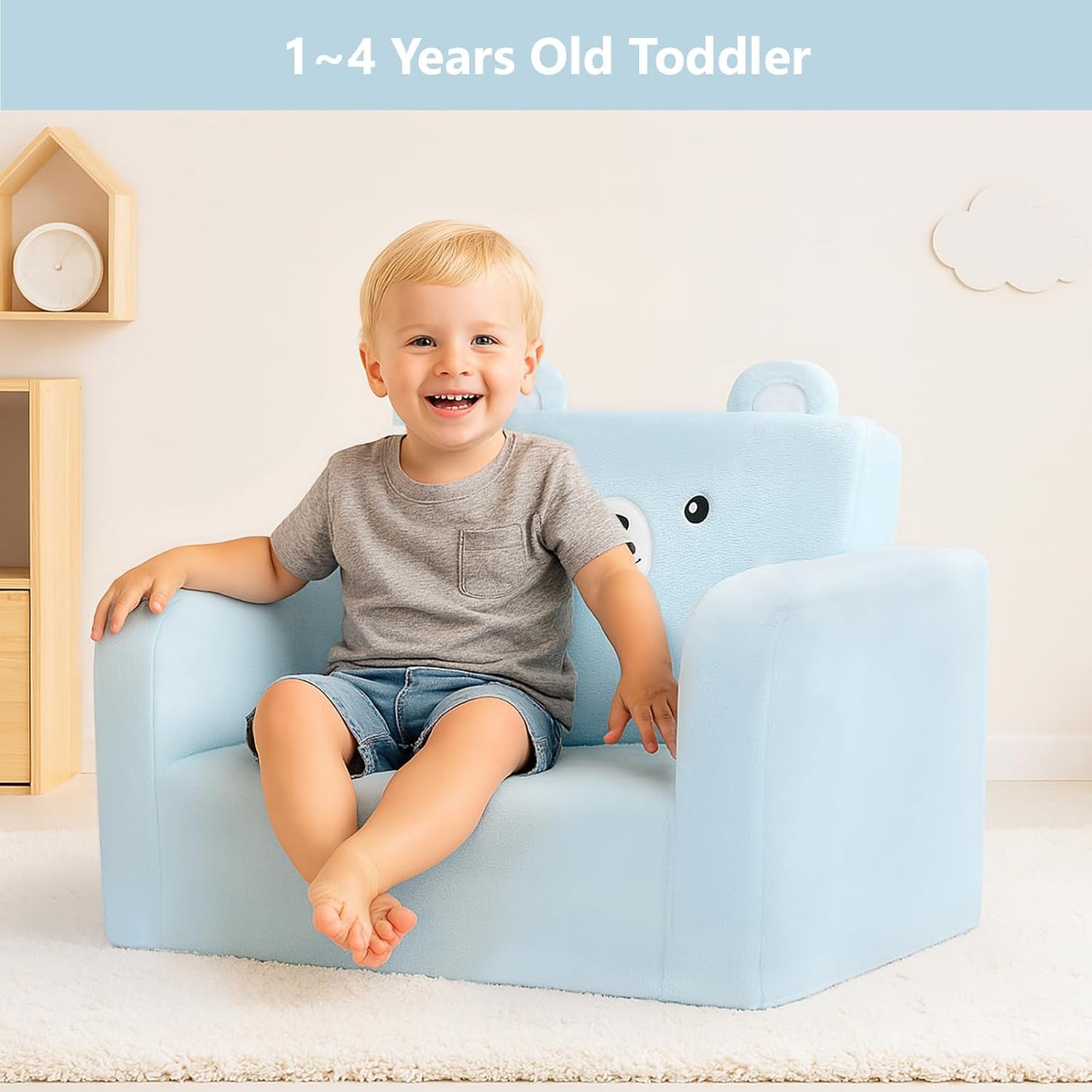 MONKISS Toddler Couch, 2-in-1 Kids Sofa Fold Out, Convertible Sofa to Lounger for Girls and Boys, Toddler Chairs Comfy 1-3 Years Old, SF04, Blue Bear