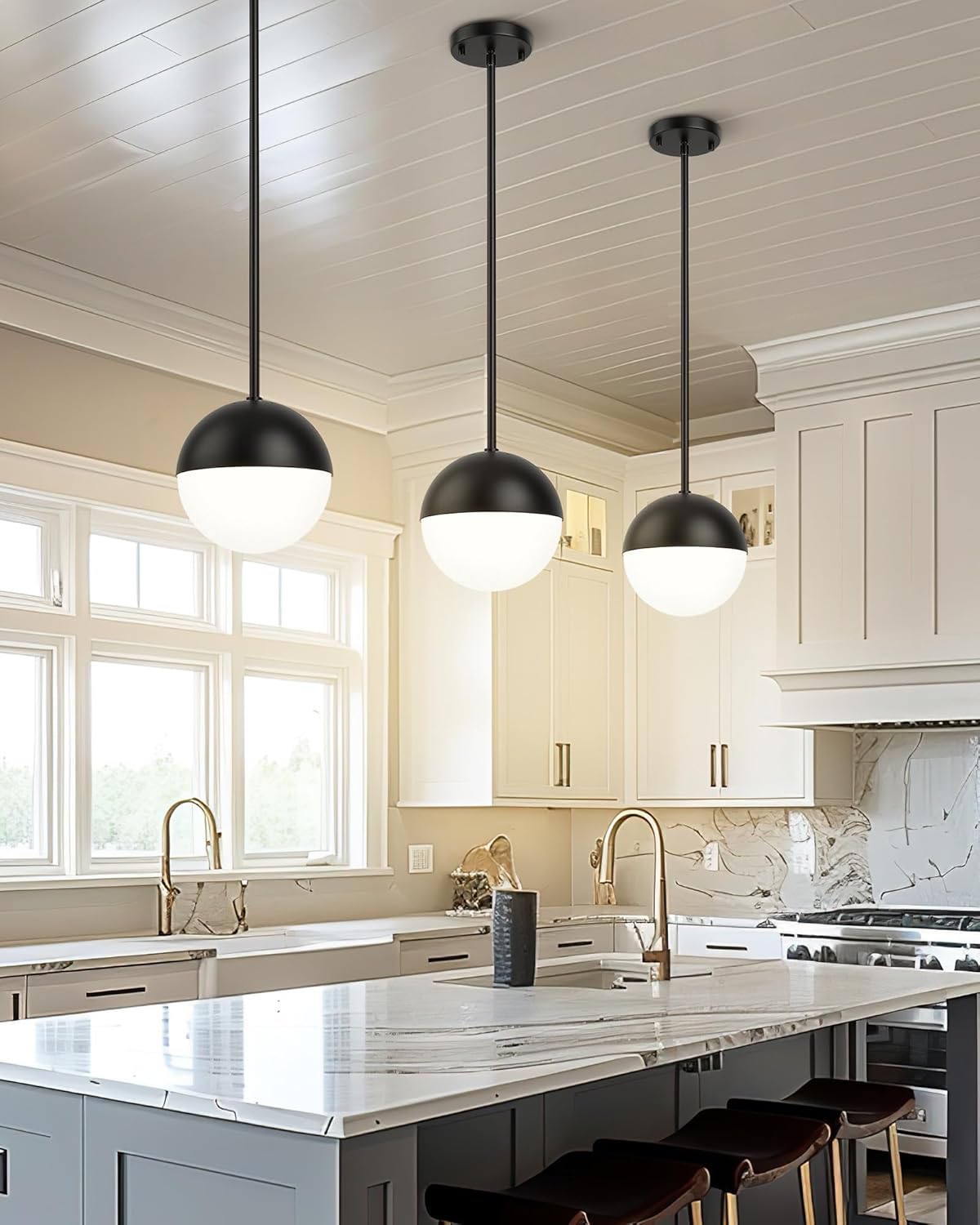 LMS 2 Pack Mid Century Pendant Lights, Matte Black Kitchen Island Light Fixtures with White Globe Glass Shade, Adjustable Hanging Rod Ceiling Light for Home Office Dining Room Bathroom, LMS-186BK2PK