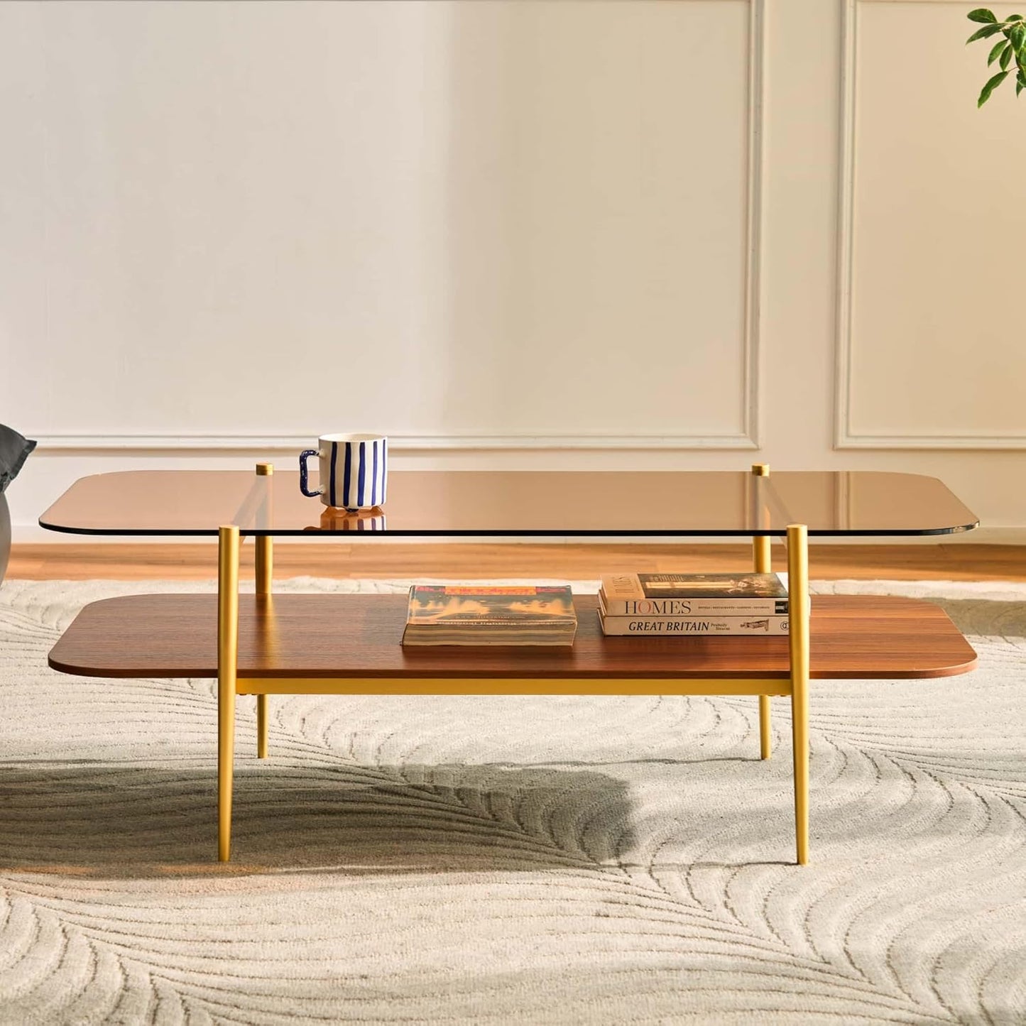 AGV LIGHTING Tadio Large Glass Coffee Table, Mid-Century Modern Coffee Table for Living Room, Gold Finish Leg, Coffee Brown Glass Top & Walnut Brown Shelf, 47 in Rrounded Corners