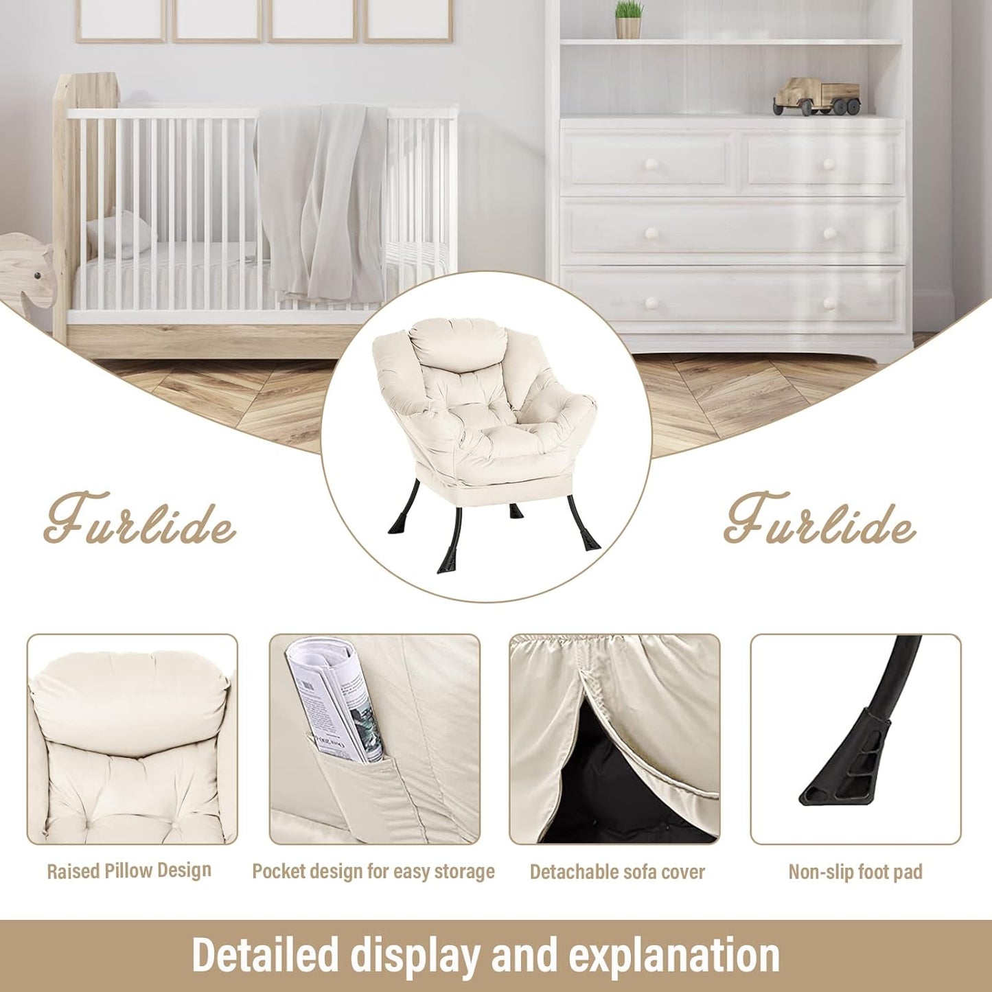 Lazy Chair with Ottoman, Modern Chair with Folding Footrest, Lounge Accent Chair, Comfortable Reading Chair, Oversized Armchairs for Bedroom, Study, Living Room, Courtyard (Beige)