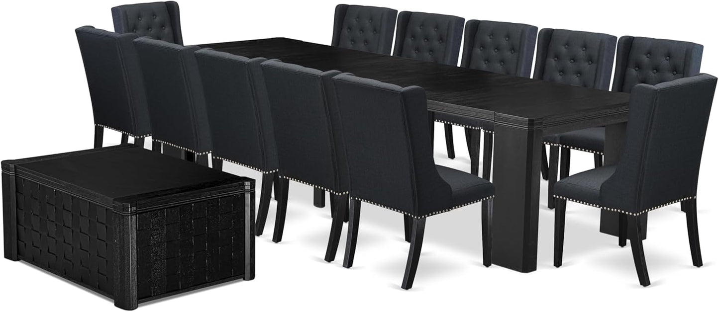 X12FO-0C6-24 - 14-piece Dining Room Table Set a Rectangular Dining Table with a coffee Table and 12 Black Linen Fabric kitchen Chair, 39x120 Inch, Wire Brushed Black