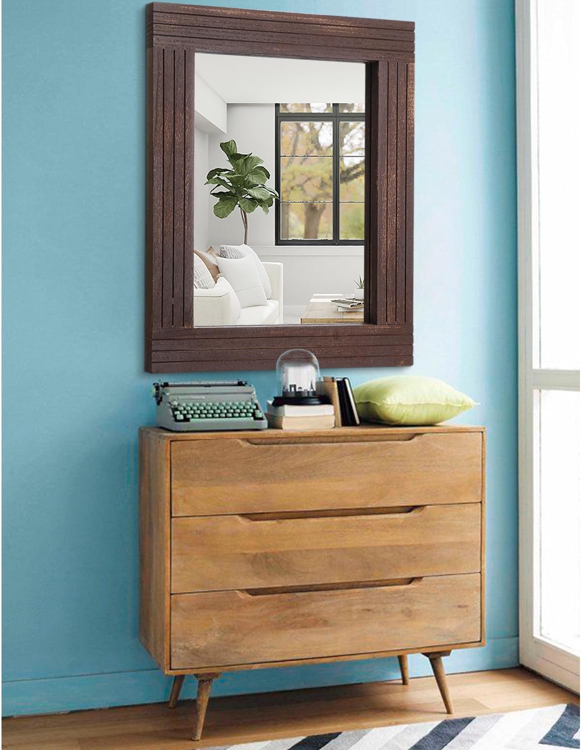 Wood Wall Mirror Rectangular Framed Rustic Vintage Mirrors Decor Farmhouse Bedroom Bathroom Mirror for Dressing Table Entrance Large 26"x18" Brown