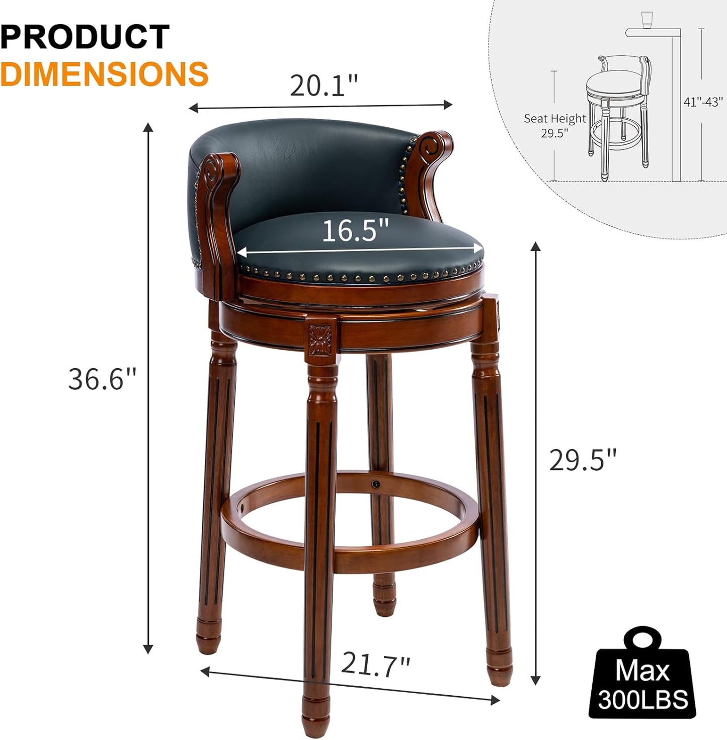 CozyRain Bar Stools Rubber Wood Counter Height Bar Stool Leather Upholstered Swivel Barstools with Back & Footrest for Home,Kitchen,Counter,Dining Room (Navy Blue, Seat Height 29.5 in)