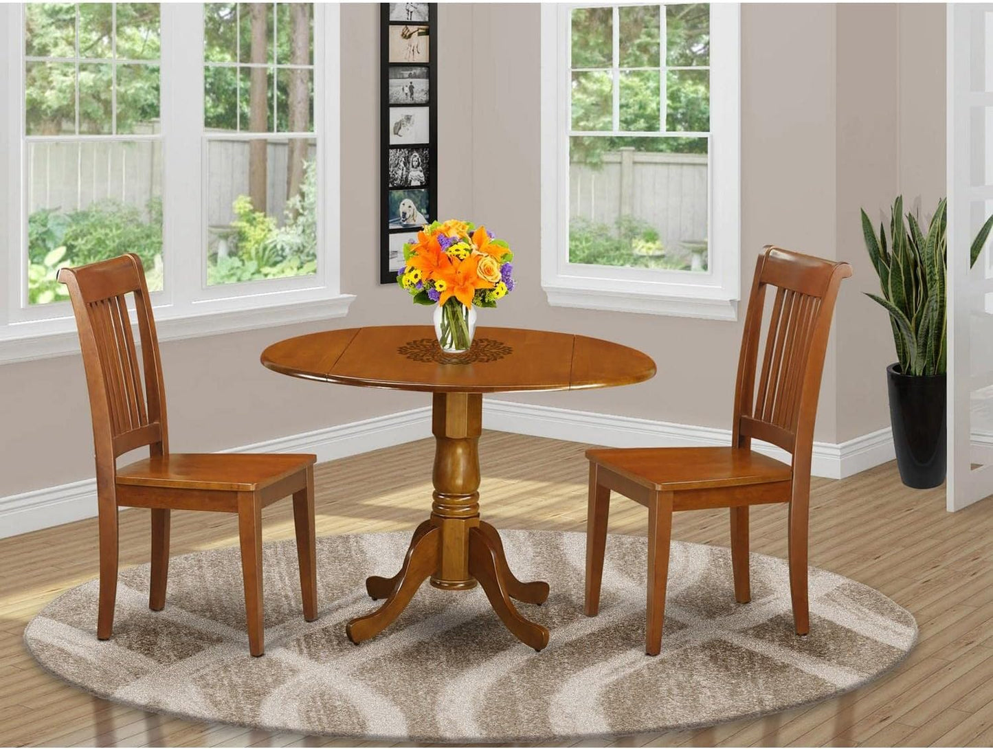 East West Furniture DLPO3-SBR-W 3 Piece Kitchen Table Set for Small Spaces Contains a Round Dining Room Table with Dropleaf and 2 Solid Wood Seat Chairs, 42x42 Inch, Saddle Brown