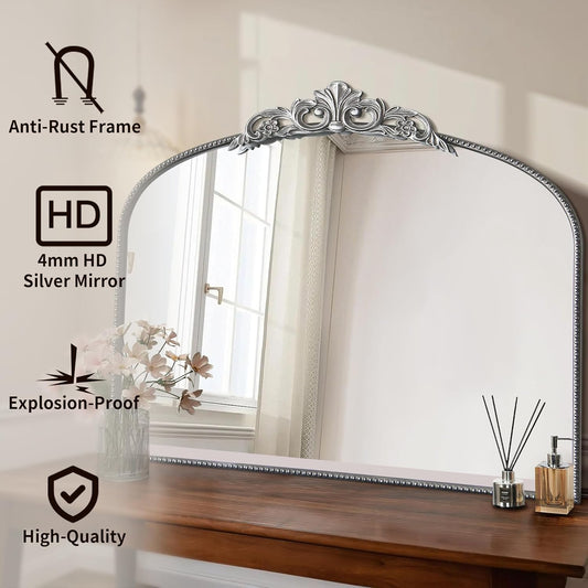 Micasso Antique Silver Wall Mirror, 40"x30" Metral Framed Arch Baroque Ornate Mantel Mirror for Bathroom, Entryway, Living Room