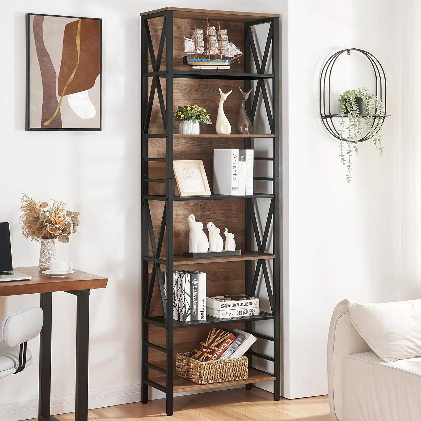 HOMISSUE Tall Bookshelf, 7-Tier Book Shelf, Rustic Wood Metal Bookshelves and Bookcases, Freestanding and Industrial Open Bookcase for Home Office, Living Room and Bedroom, Vintage Brown