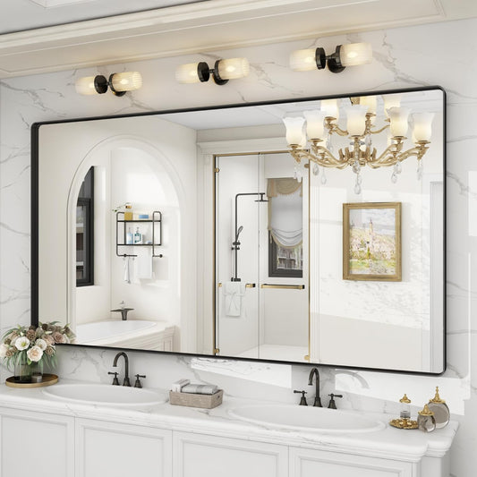 72x36 Inch Black Framed Bathroom Mirror for Wall, Large Matte Metal Framed Wall Mirror, Rounded Rectangle Vanity Mirror, Tempered Glass, Anti-Rust, Shatterproof (Horizontal/Vertical)
