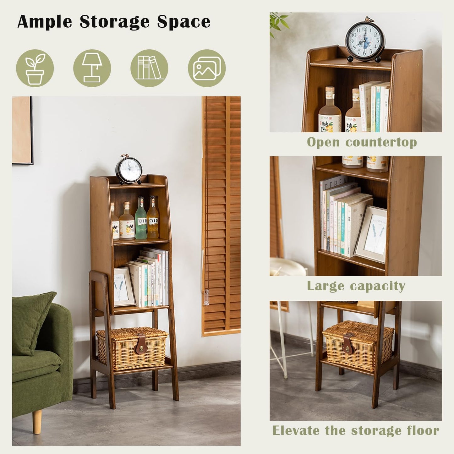 3 Tier Bamboo Bookcase, Classical Modern Bookshelf, Dispaly Shelves, Bamboo Wood Organizer Book Shelf for Living Room Home Office-Walnut, Medium