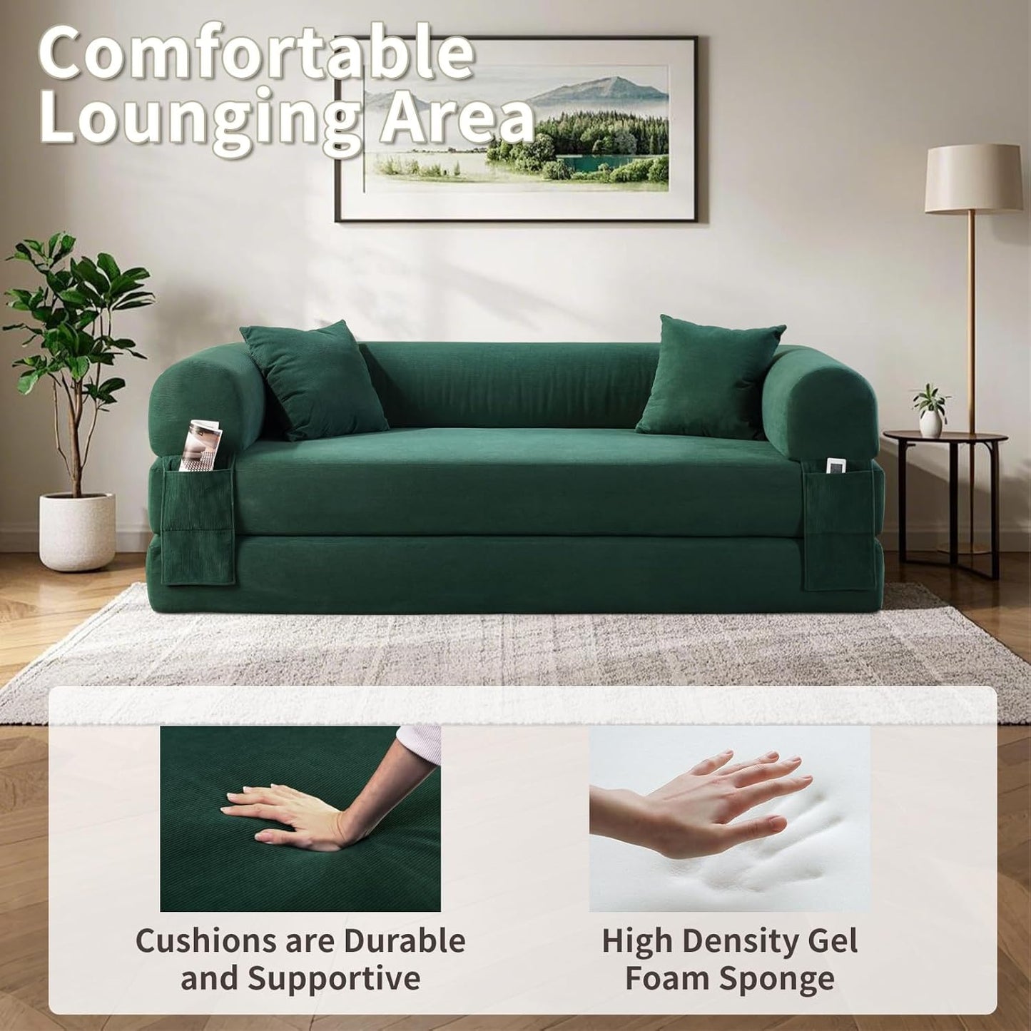 80" Convertible Sofa Bed, 3-in-1 Corduroy Folding Pull Out Couch with Pillows, No Assembly Modern Boneless Couch Compression Sofa in Box, Floor Sofa with Side Storage Pocket for Living Room,Dark Green