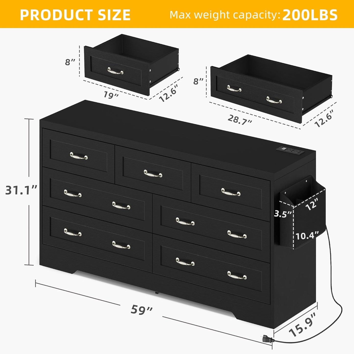 YITAHOME Drawers TV Stand for 65 inches with Power Outlets -Chest of Drawers Dresser with Side Organizer Bag Entertainment Center TV Console, Black