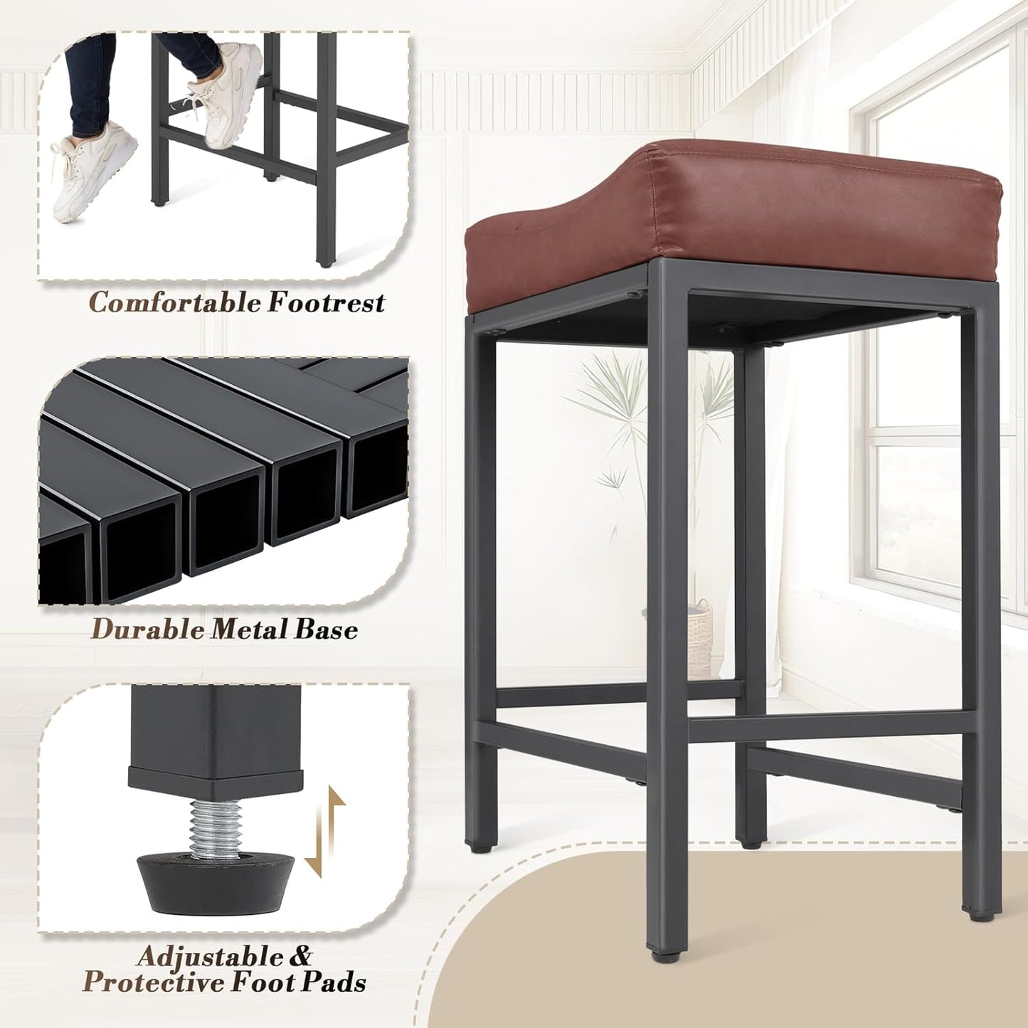 Athena Collection Counter Height Bar Stools Set of 2, 26 Inches Saddle Bar Stools with Leather Upholstered and Metal Legs, Backless Barstools for Counter, Kitchen Island, Dining Room, Mocha