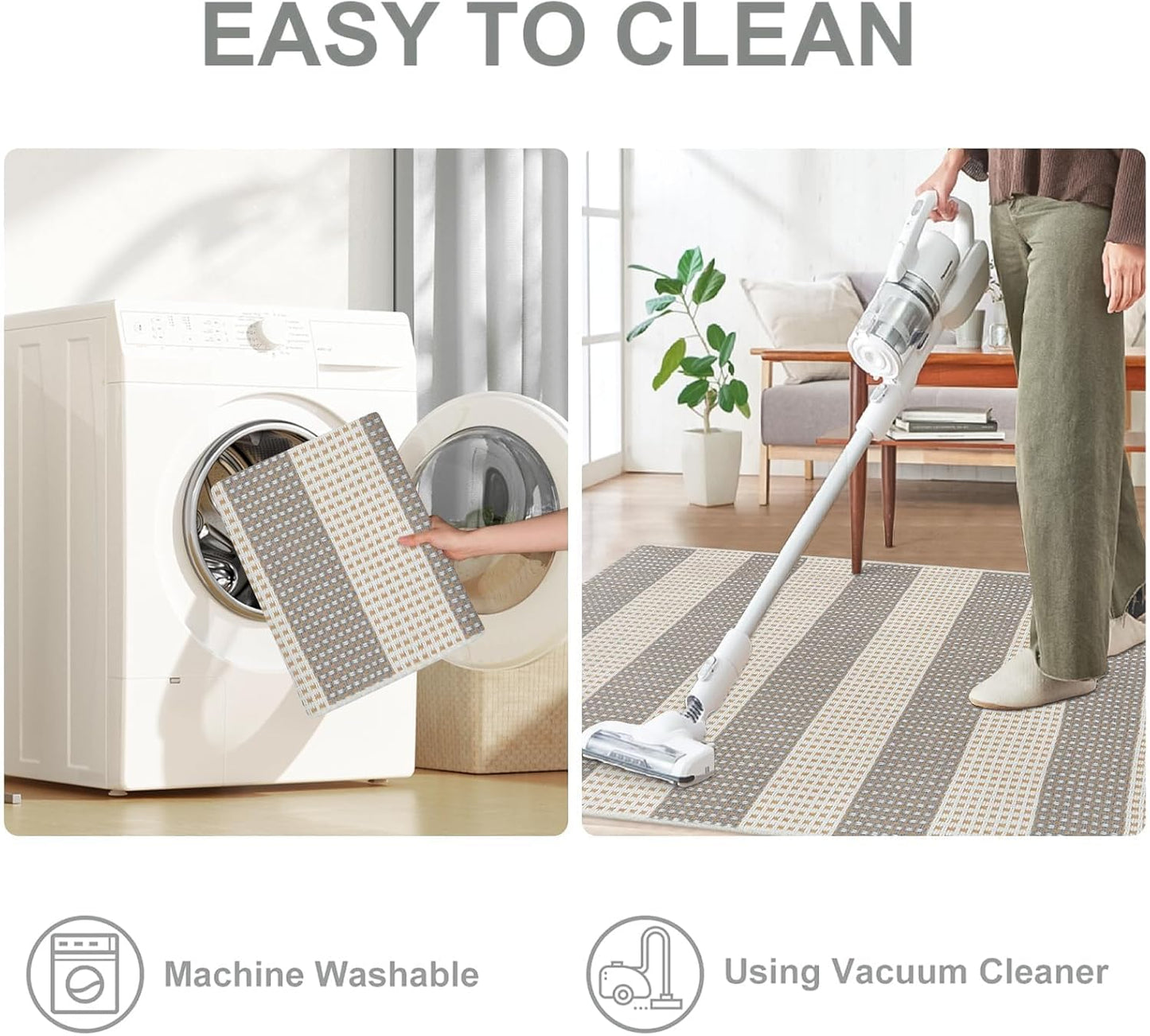 OJIA Outdoor Area Rug 4'x6' Striped Patio Rugs Washable Woven Cotton Indoor Outdoor Rug Living Room Rug Checkered Rug Floor Carpet for Living Room/Dining Room/Deck/Backyard (Gray/White/Tan)