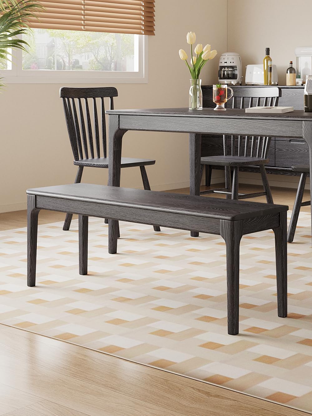 Dining Bench, Wood Bench Solid Oak Wooden Bench Indoor Dining Room Table Home Bedroom Bed End Restaurant Modern Hallway Furniture (Black, 60" W x 13.8" D x 17.7" H)