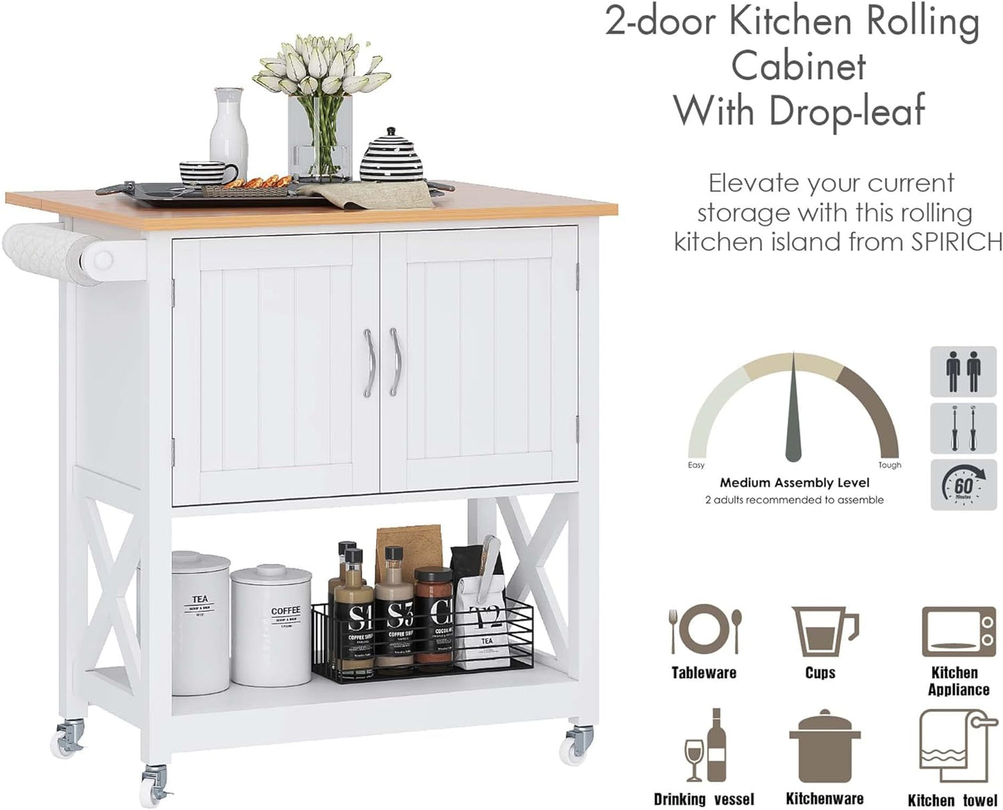 Spirich Kitchen Island on Wheels, Rolling Kitchen Cart with Storage Cabinet, Small Kitchen Island with Drop Leaf and Towel Rack for Dining Room, White