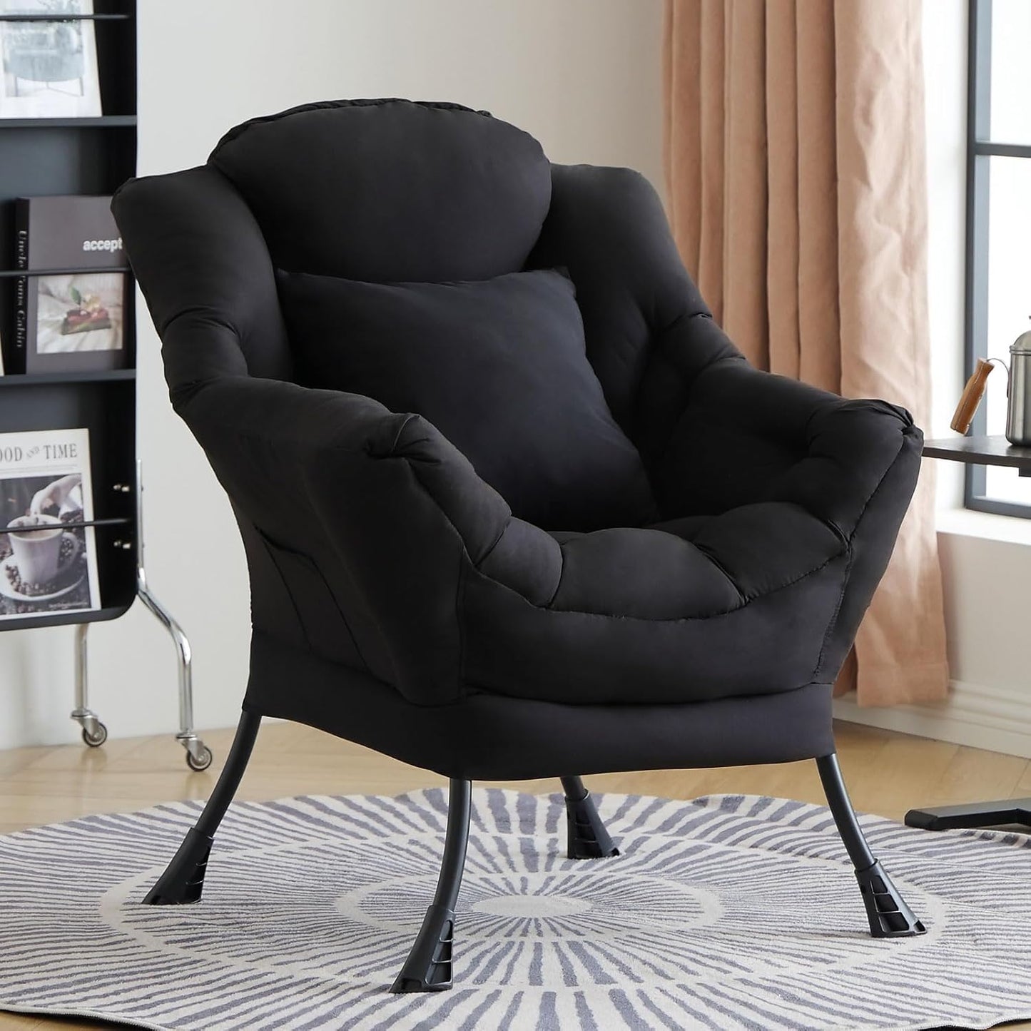 Lazy Chair with Pillow for Living Room, Modern Lounge Accent Chair with Armrests, Leisure Sofa Chair Set, Reading Chair for, Bedroom, Dorm Room, Office, Black