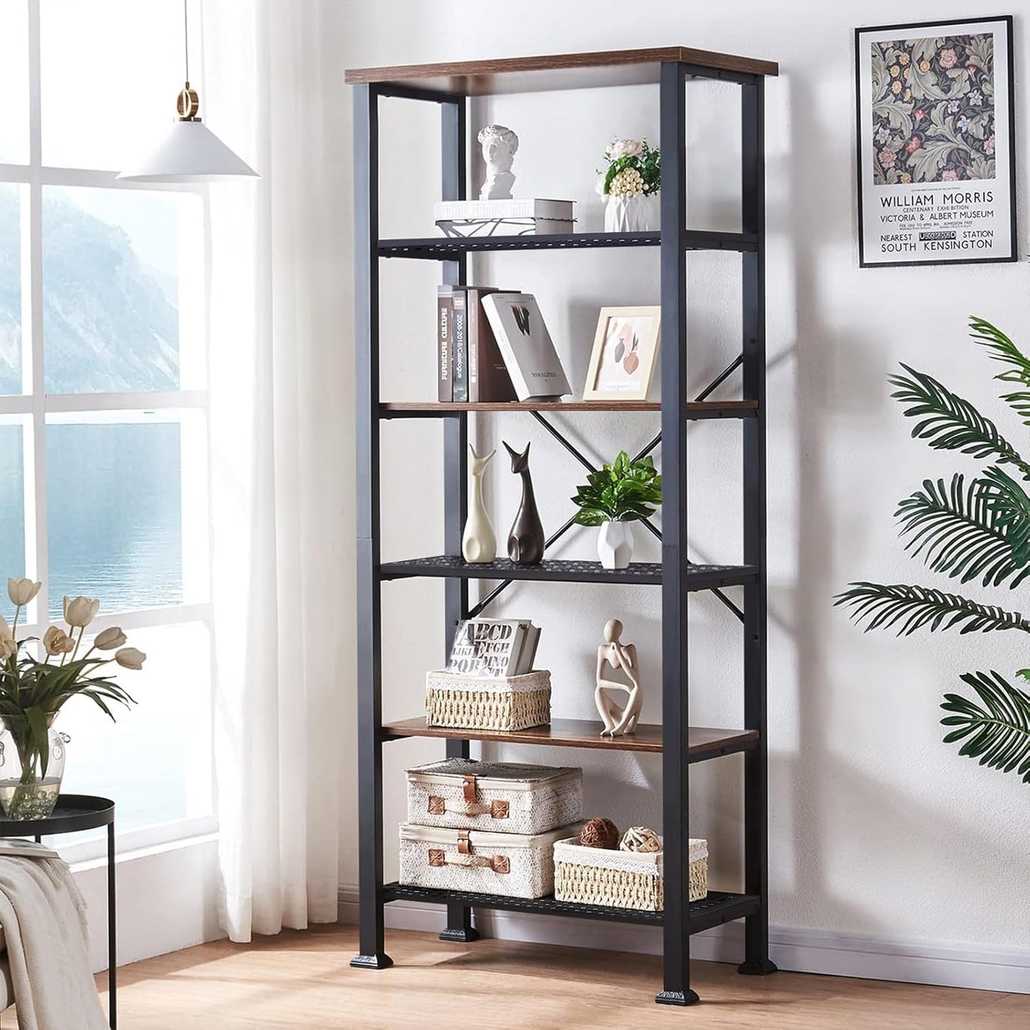 HOMBAZAAR 6 Tier Bookshelf,Rustic Brown Industrial Book Shelf,Engineered Wood and Metal Deep Bookcases,Tall Shelf Bookcase for Living Room,Office,Bedroom and Kitchen