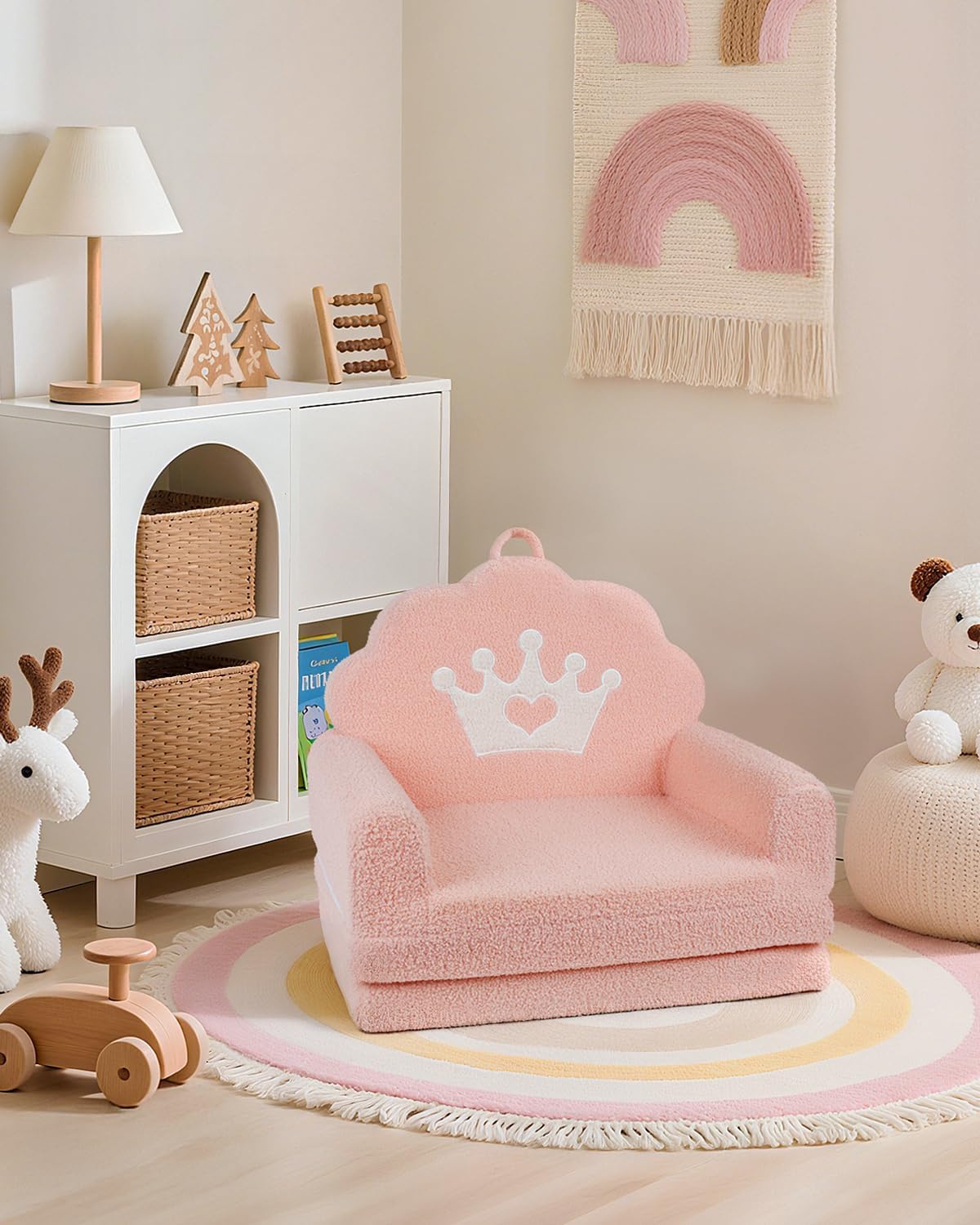 2-in-1 Kids Couch Fold Out, Soft Teddy Sherpa Toddler Couch with Crown Design, Convertible Kids Sofa to Lounger for Nap & Playtime, Cozy Children's Furniture for Boys & Girls, Pink