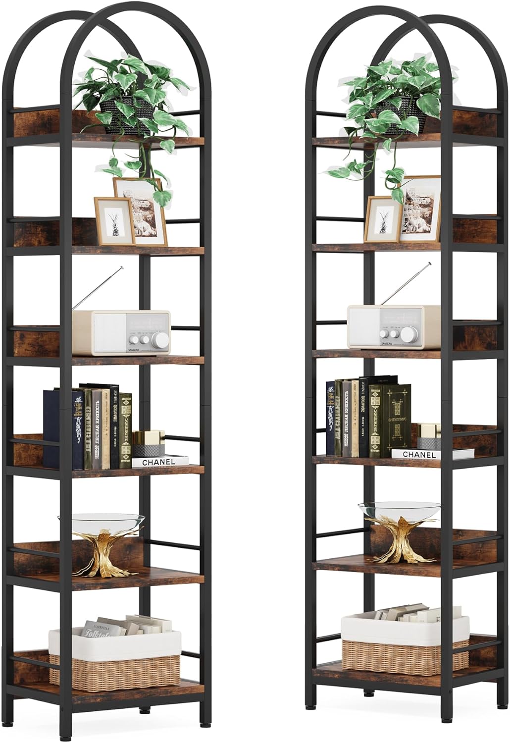 LITTLE TREE Bookshelf Set 2, Skinny 78.7 Inches Tall Arched Bookshelf, 6 Tiers Brown Open Bookcase with Black Metal Frame, Freestanding Corner Display Shelves Rack for Living Room, Home Office