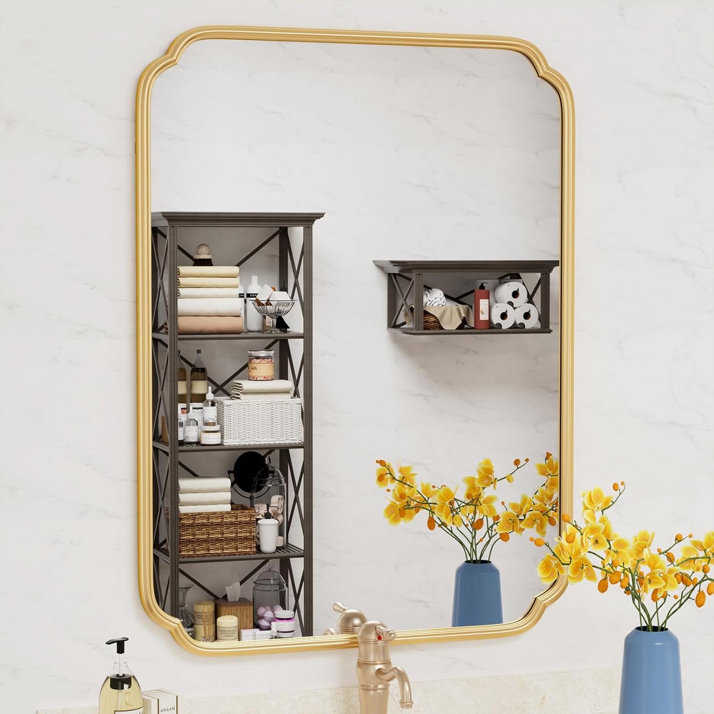 30" x 40"Gold Bathroom Mirror for Over Sink, Modern Rounded Corner Rectangle Wall Mirror for Bathroom Vanity Decorative with Non-Rusting Iron Metal Framed (Horizontal/Vertical)
