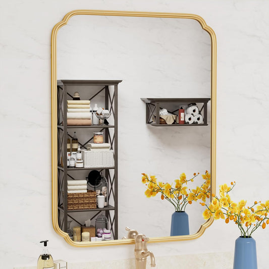 30" x 40"Gold Bathroom Mirror for Over Sink, Modern Rounded Corner Rectangle Wall Mirror for Bathroom Vanity Decorative with Non-Rusting Iron Metal Framed (Horizontal/Vertical)