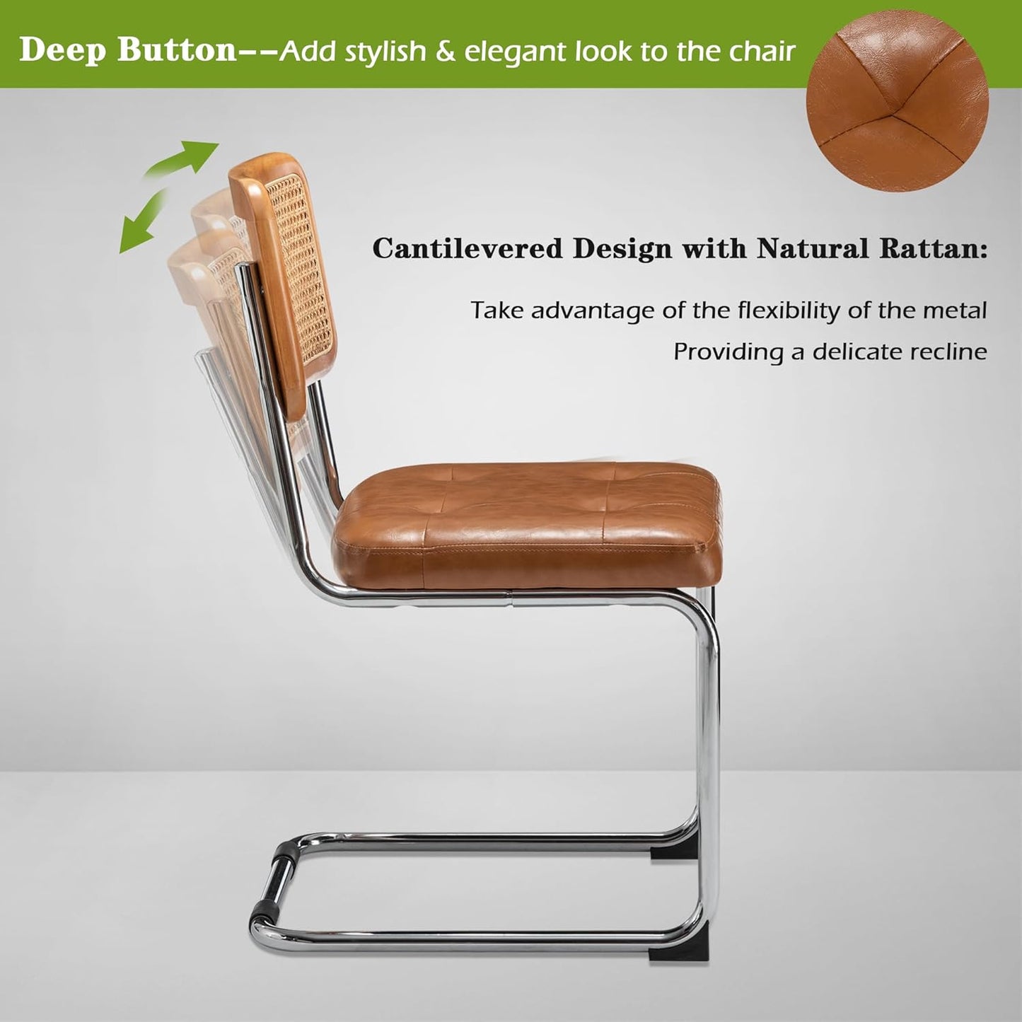 Rattan Dining Chairs Set of 2 Mid Century Modern Kitchen Chairs with Natural Rattan Backrest Oak Frame and Upholstered Pu Seat Chairs with Metal Legs