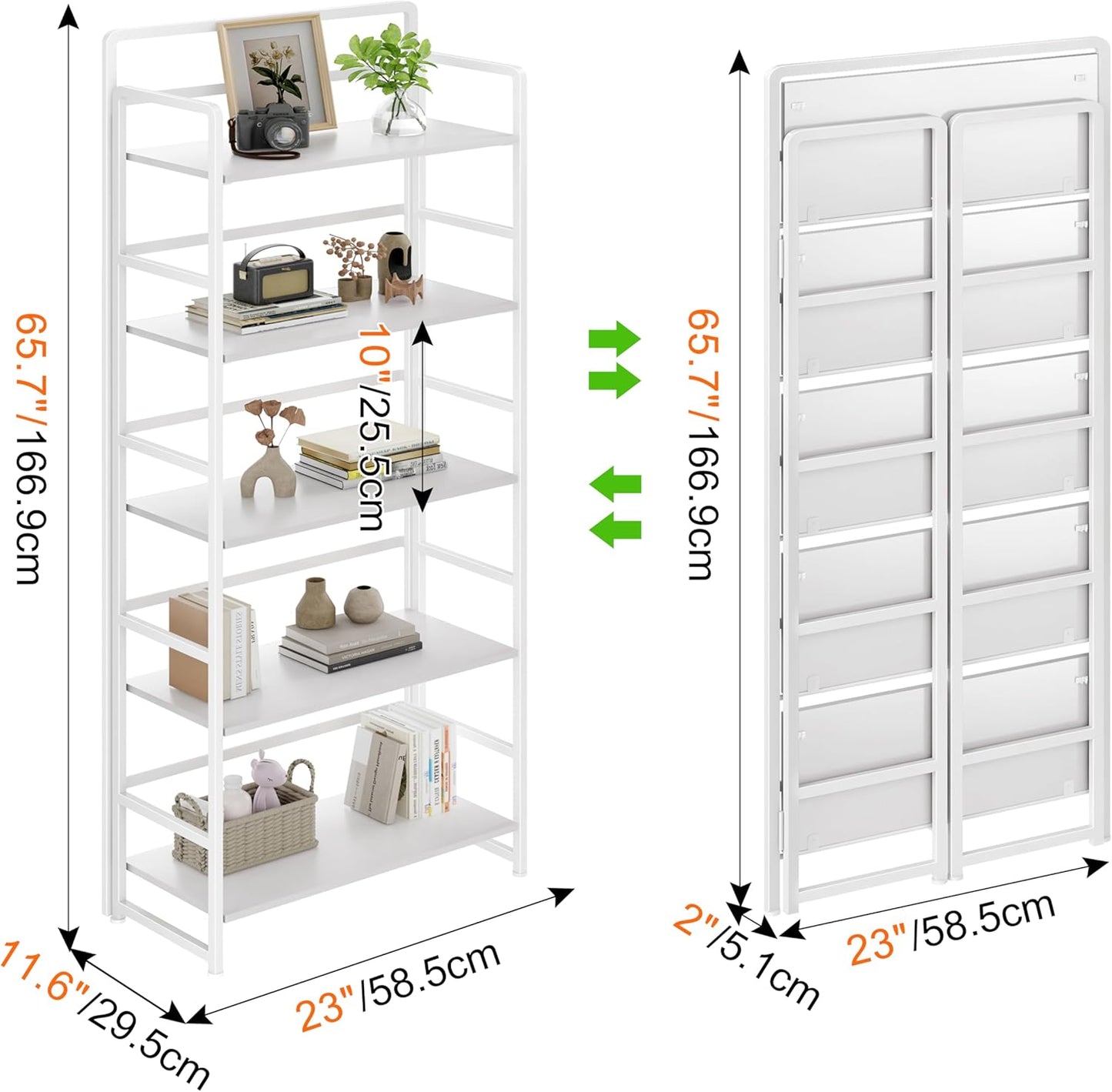 No Assembly Folding Bookshelf, 5 Tiers Collapsible Book Shelf for Home Office, Vintage Wood Foldable Bookcase Storage Organizer for Living Room Bedroom (White)
