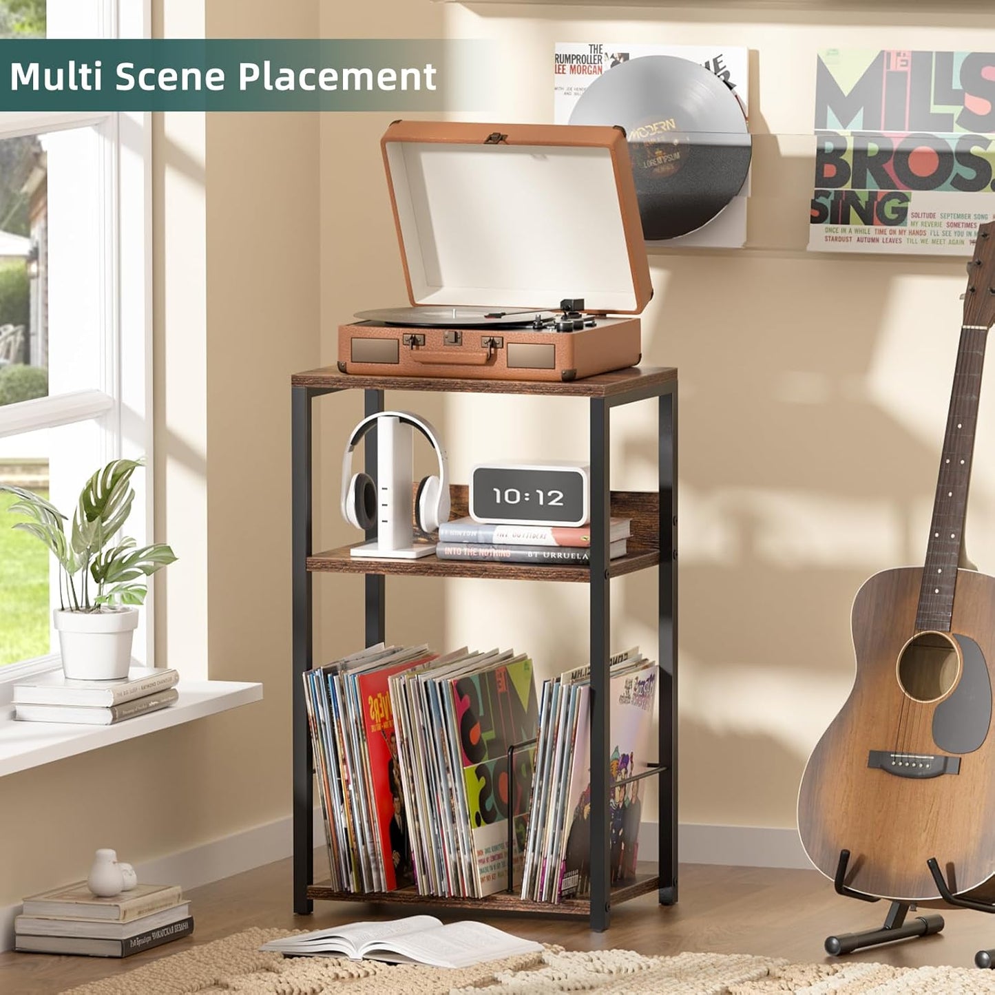 LELELINKY Record Player Stand Set of 2, 3-Tier End Side Table with Vinyl Record Storage, Vinyl Record Holder Up to 120 Albums, Turntable Stand with Vinyls Storage for Music Living Room