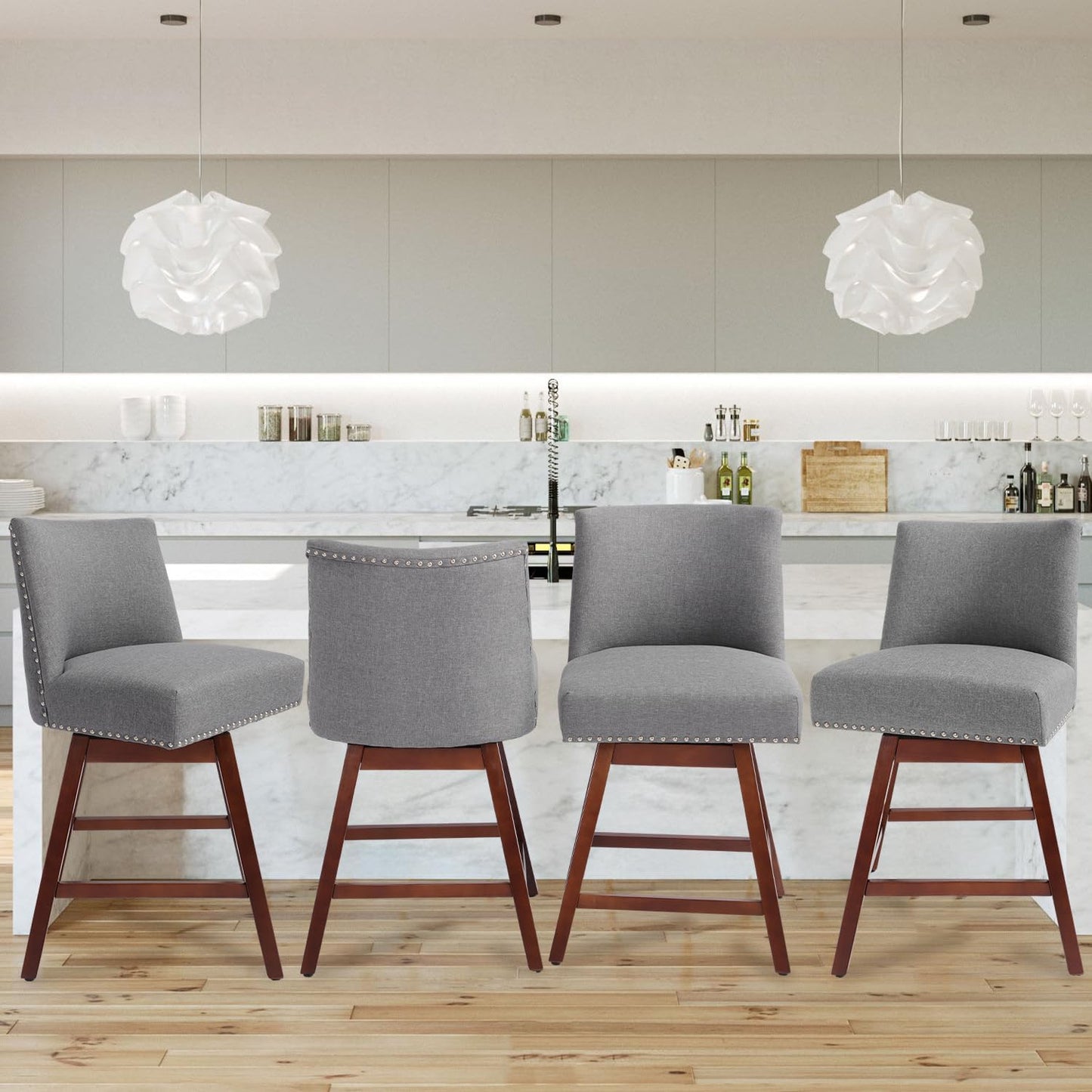 Counter Height Barstools Set of 6,360° Swivel Bar Stools with Back,26 inch Modern Counter barstools,Upholstered Bar Tall Stools for Kitchen Counter,Kitchen Island,Bar, Home (Dark Gray, SET OF 6)