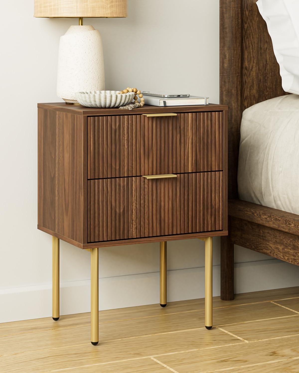 Nightstand,Morden Bedside Table with Gold Frame,Small White Night Stand,End Table,Bedside Furniture,Side Table with Drawer and Shelf for Bedroom,Living Room (2Drawers, Walnut Brown)