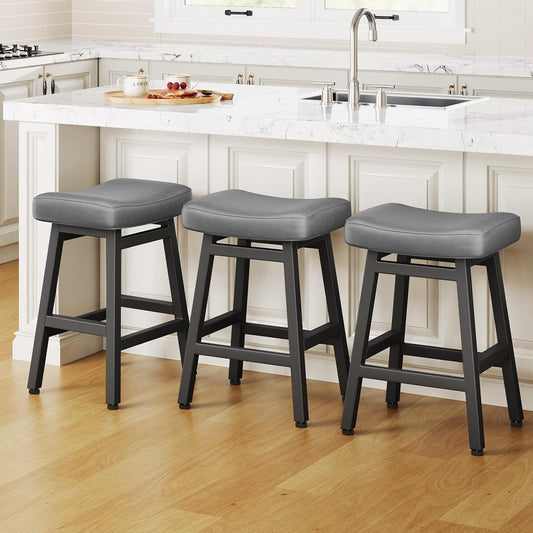 Counter Height Bar Stools Set of 3, 24 Inch Barstools for Kitchen Counter, Kitchen Stools with Bonded Leather Saddle Seats & Heavy Duty Metal Legs, Easy Assembly, Gray/Black