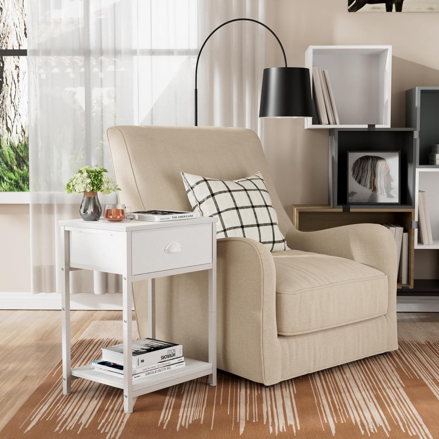 Furologee White Nightstand with Fabric Drawer, Small Side Table for Small Spaces, 2 Tiers Storage Shelves End Table, Night Stand for Living Room, Bedroom, Dorm