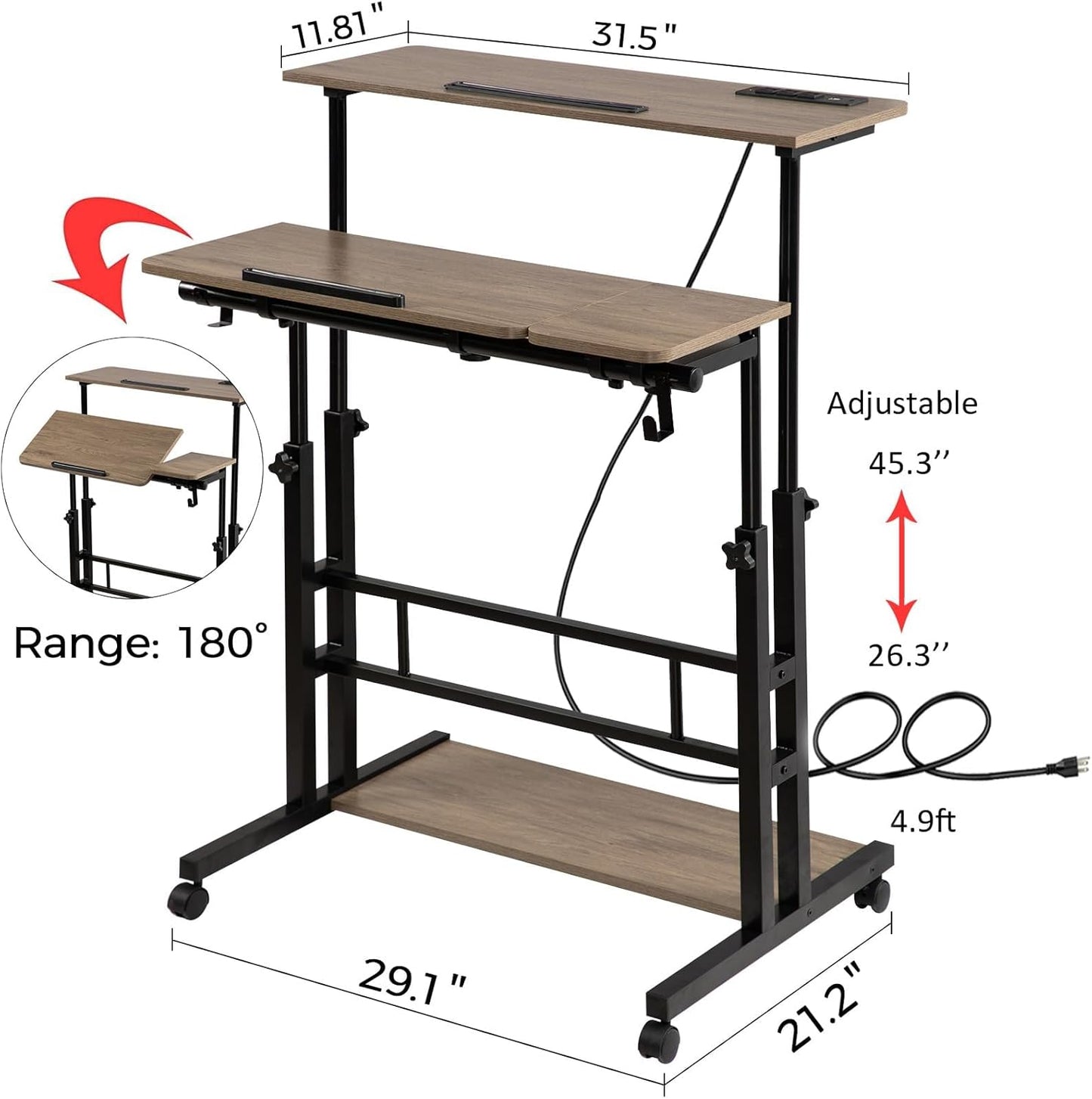 Hadulcet Stand Up Desk, Rolling Desk Adjustable Height, Mobile Standing with Wheels & Charging Station Grey or Rustic Brown