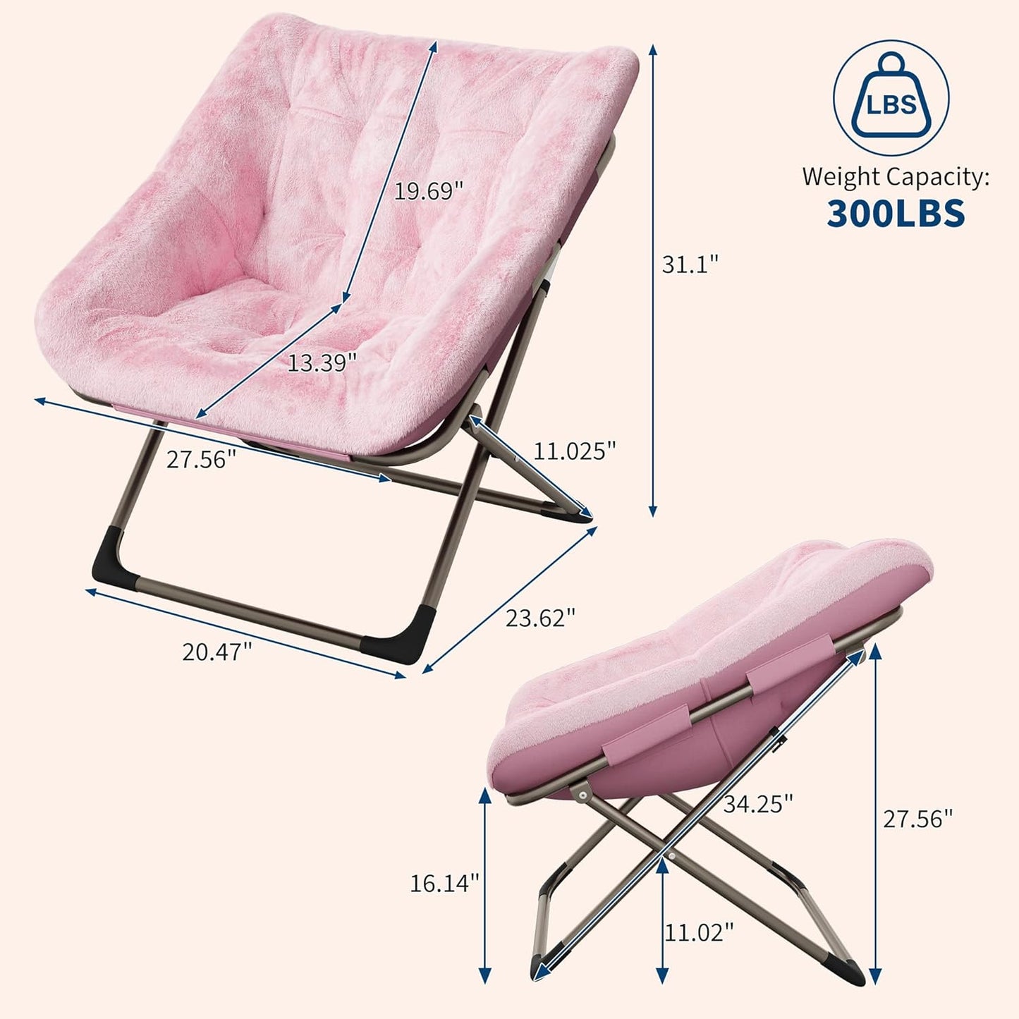Comfy Chair for Adults, Foldable Living Room Chairs, Soft Faux Fur Folding Lounge for Bedroom Living Room Dorm Rooms, Flexible Reading Chair for Teens (1, Pink, Extra Large)