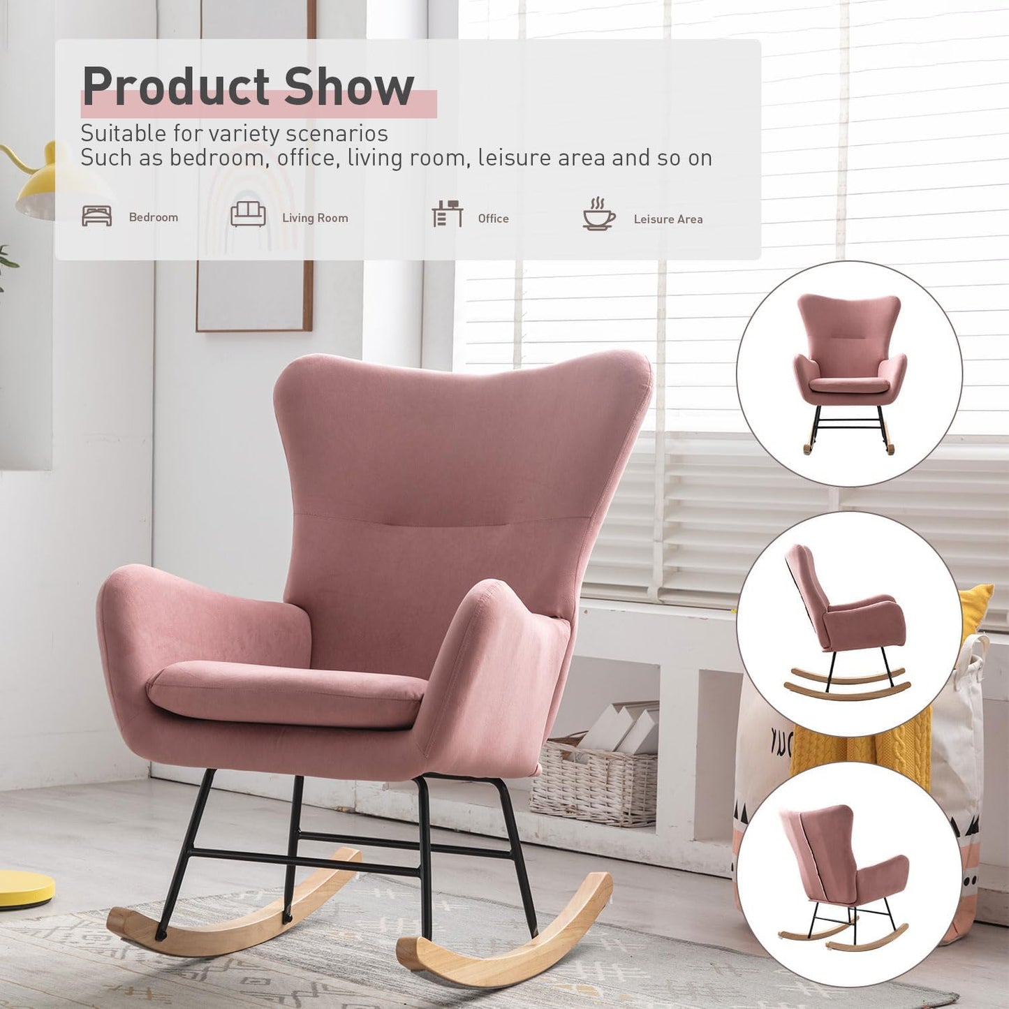 Phoenix Home Rocking Chair Nursery Velvet Upholstered Glider Rocker Rocking Accent Chair Padded Seat with High Backrest Armchair Comfy Side Chair for Living Room Bedroom Offices, Pink