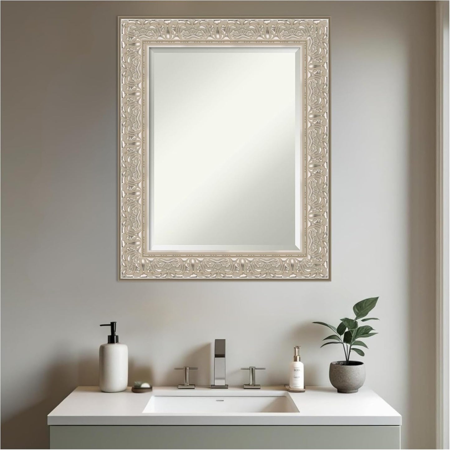 Amanti Art Silver Bathroom Mirror for Over Sink, 31x25 Luxe Silver Cream Rectangle Vanity Mirror, Medium Traditional Frame, Hangs Horizonally and Vertically, Bathroom Wall Decor, Beveled Edge